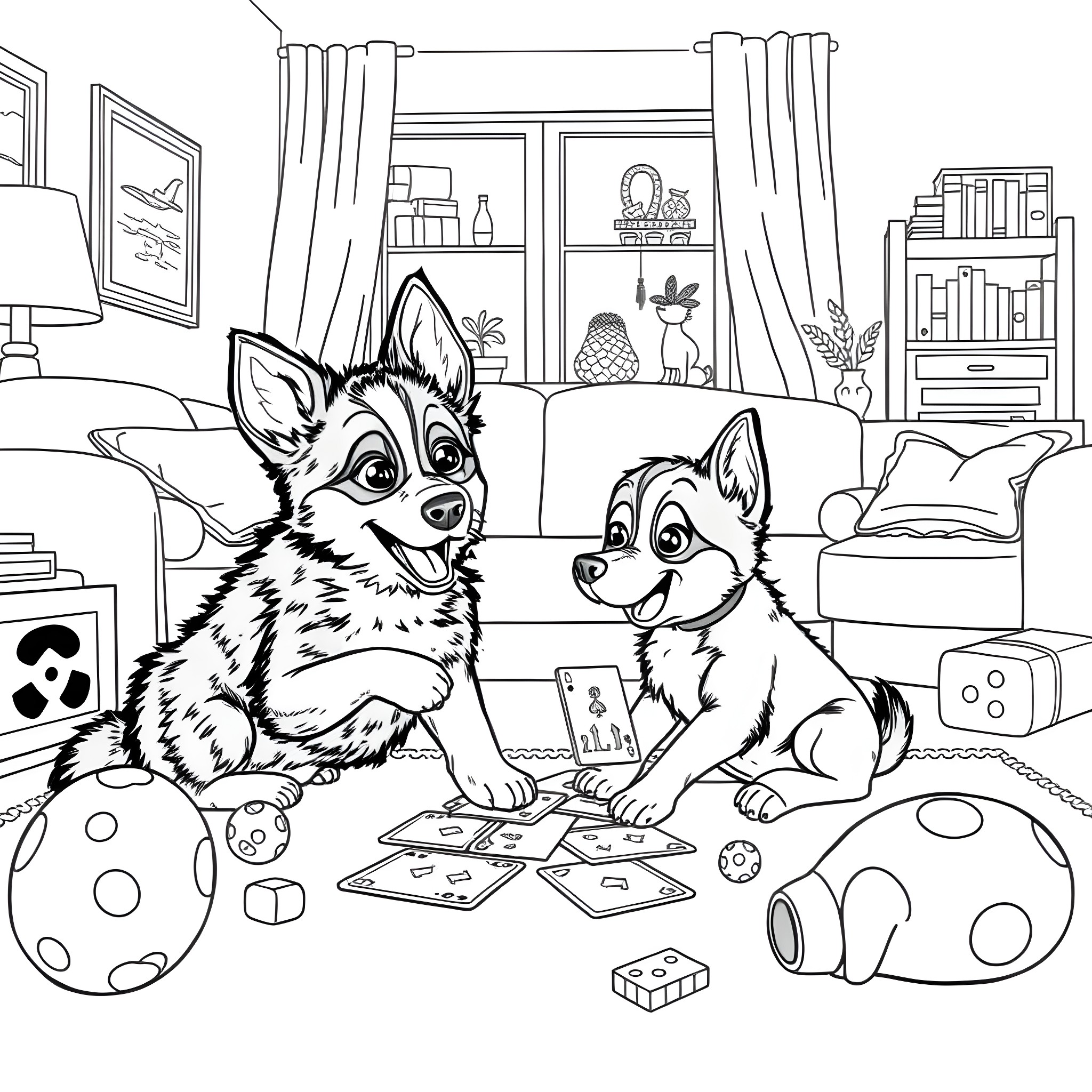 Bluey and Bingo Playing Indoors Coloring Page (free black-and-white line drawing printable PDF for all, from beginners to advanced learners, including children, teens, adults, and seniors)