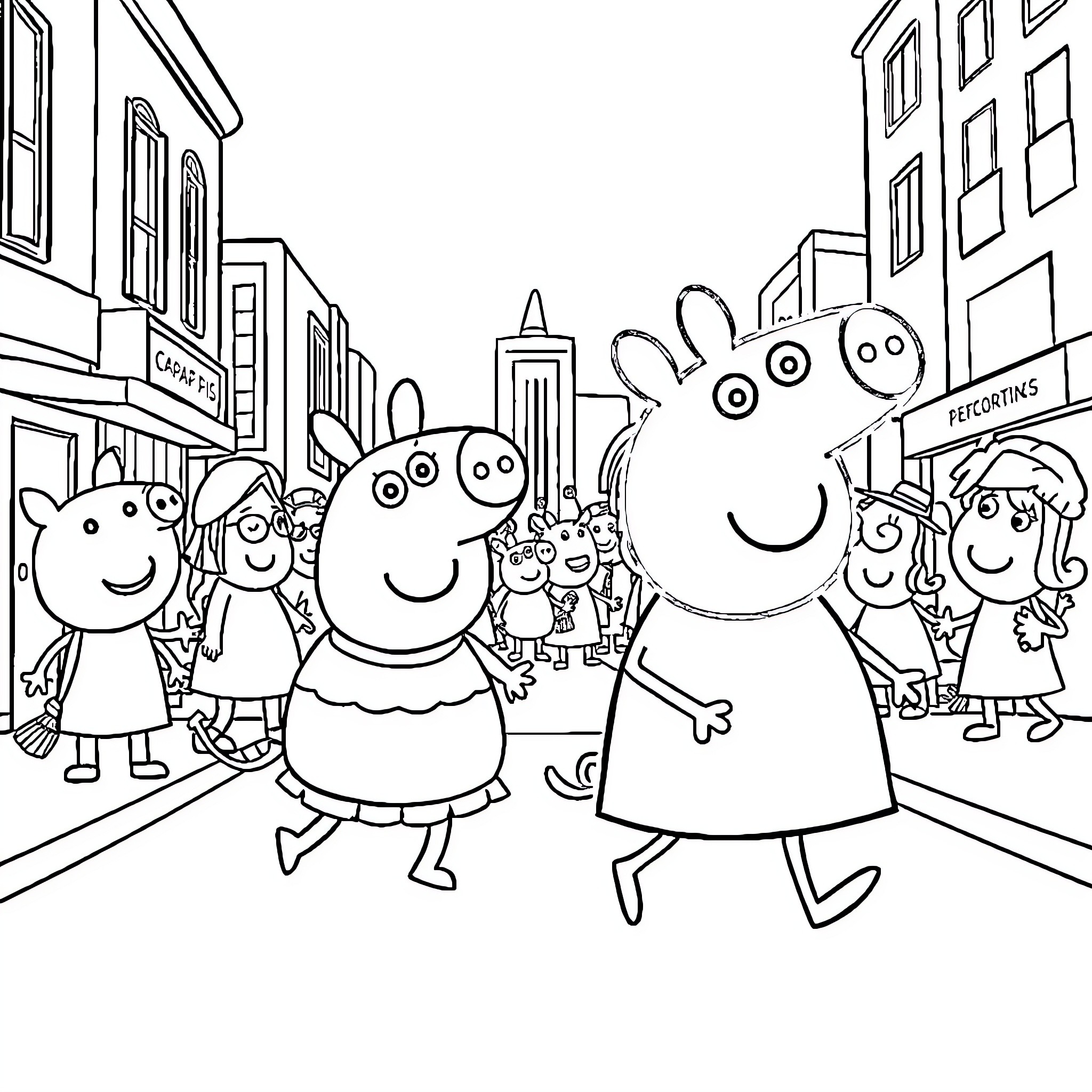 Peppa and friends exploring the town Coloring Page (free black-and-white line drawing printable PDF for all, from beginners to advanced learners, including children, teens, adults, and seniors)