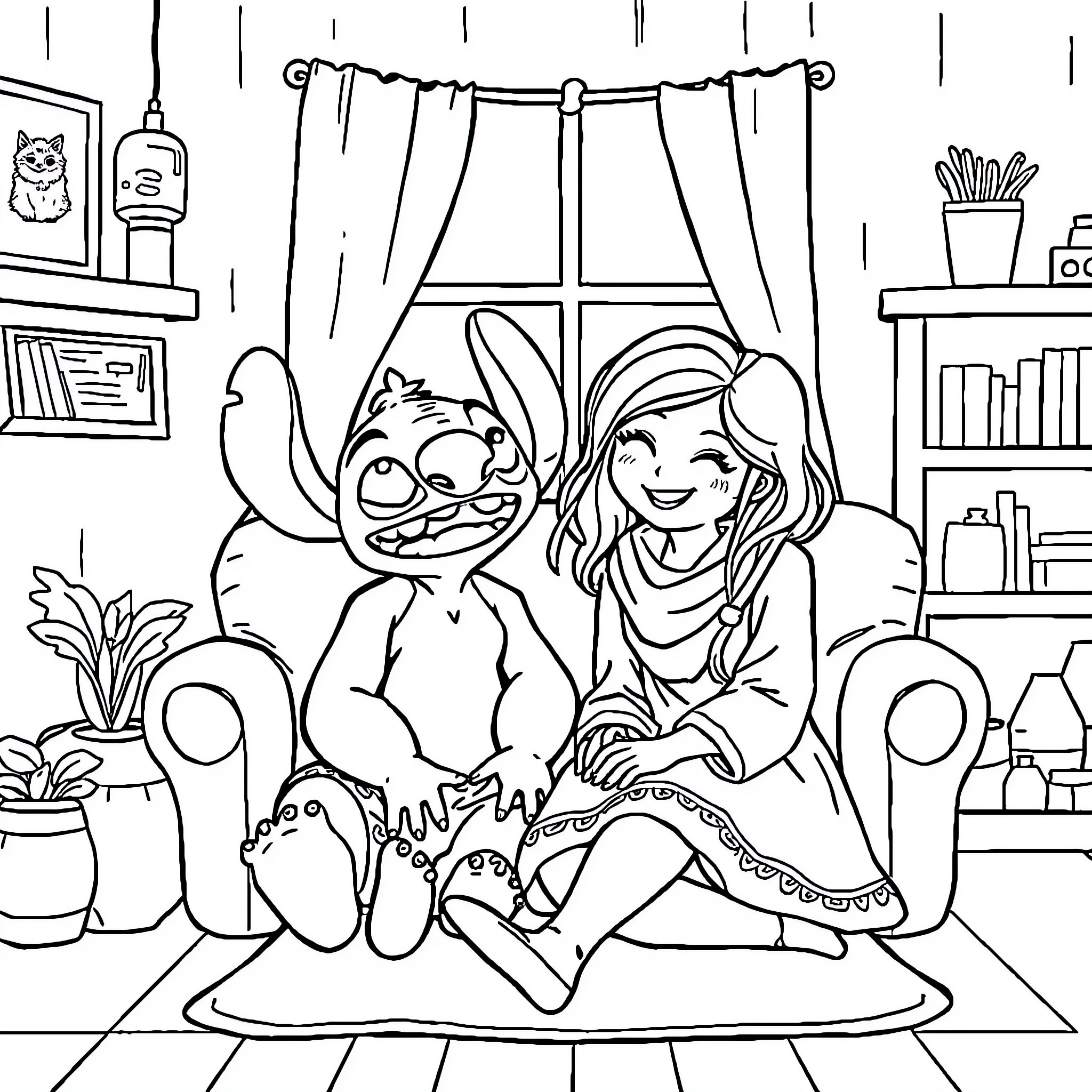 Stitch enjoying cozy time with a friend Coloring Page (free black-and-white line drawing printable PDF for all, from beginners to advanced learners, including children, teens, adults, and seniors)