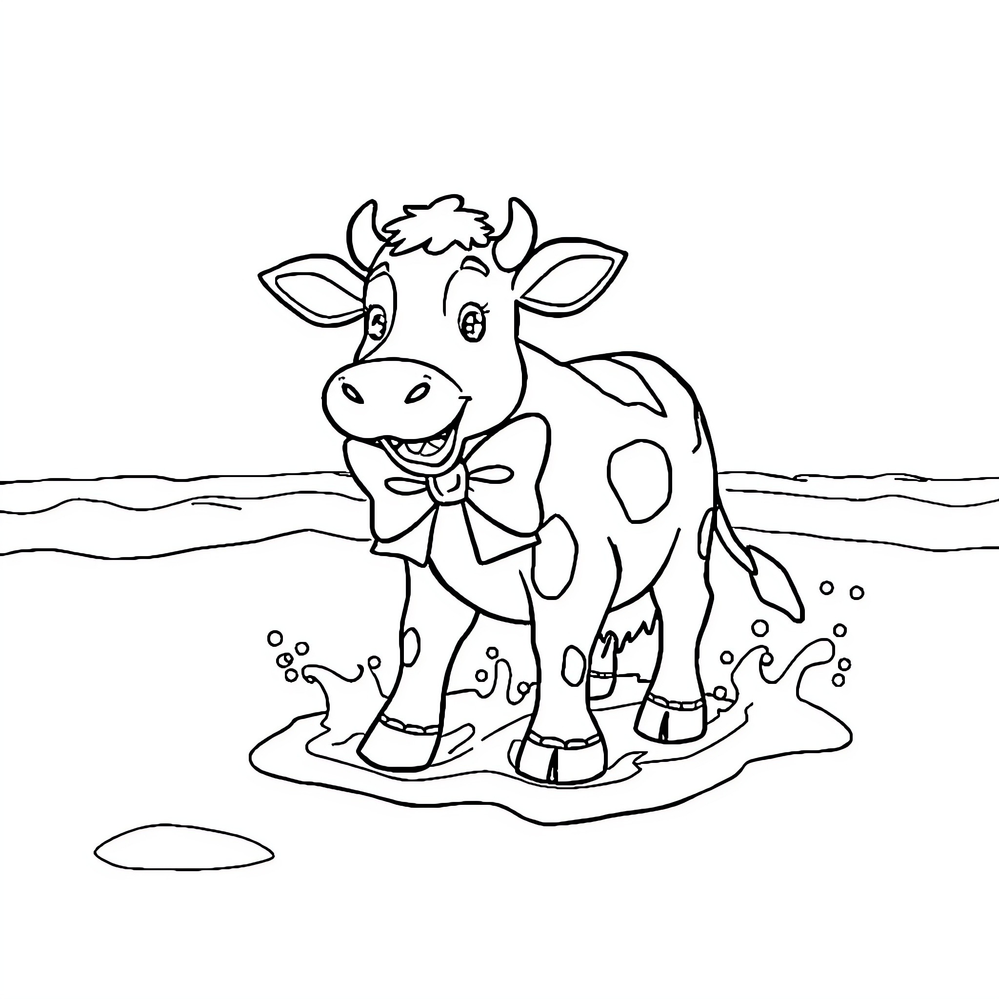 Cow with a bow enjoying the outdoors Coloring Page (free black-and-white line drawing printable PDF for all, from beginners to advanced learners, including children, teens, adults, and seniors)