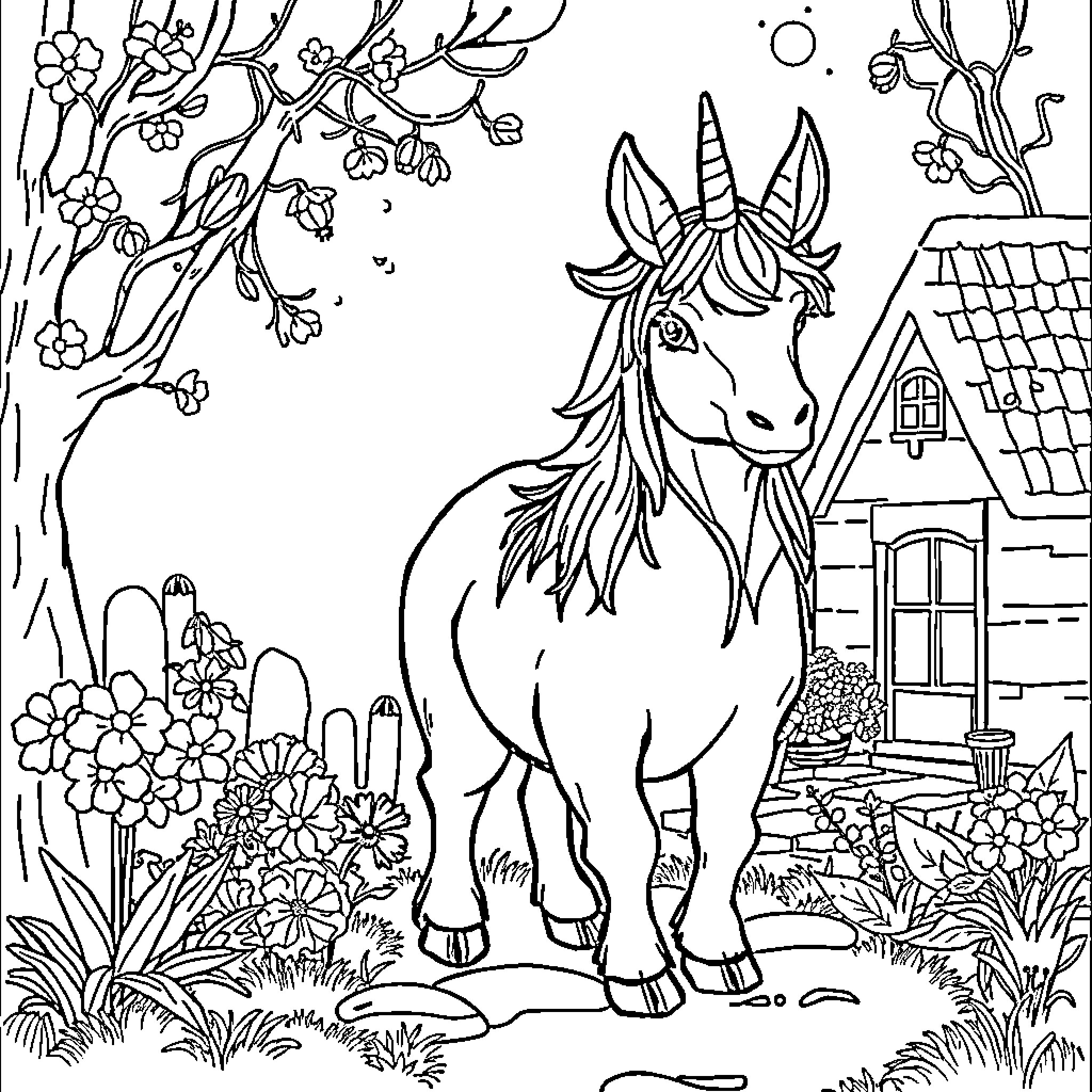Unicorn standing in a magical garden Coloring Page (free black-and-white line drawing printable PDF for all, from beginners to advanced learners, including children, teens, adults, and seniors)