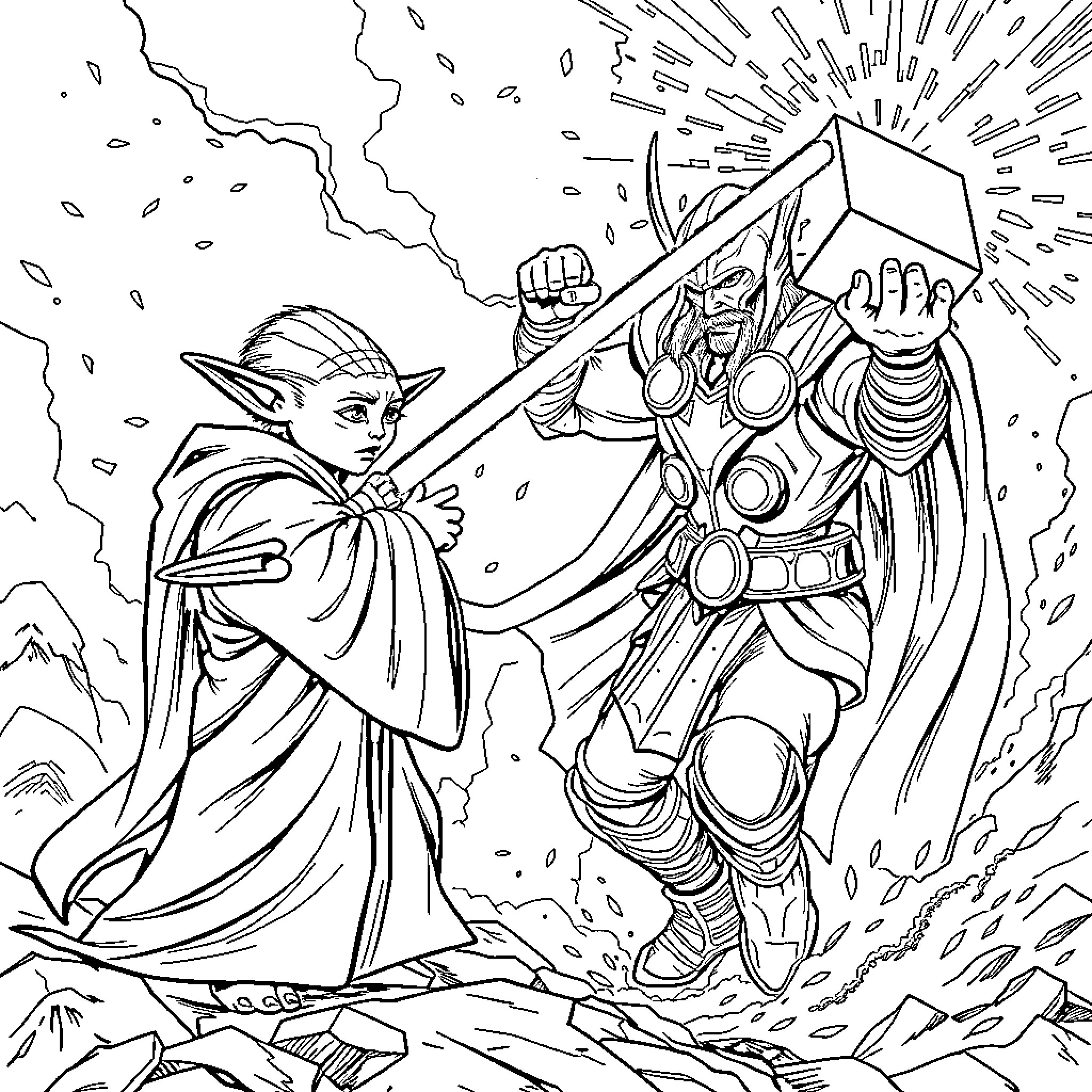 Yoda battles against a powerful warrior Coloring Page (free black-and-white line drawing printable PDF for all, from beginners to advanced learners, including children, teens, adults, and seniors)