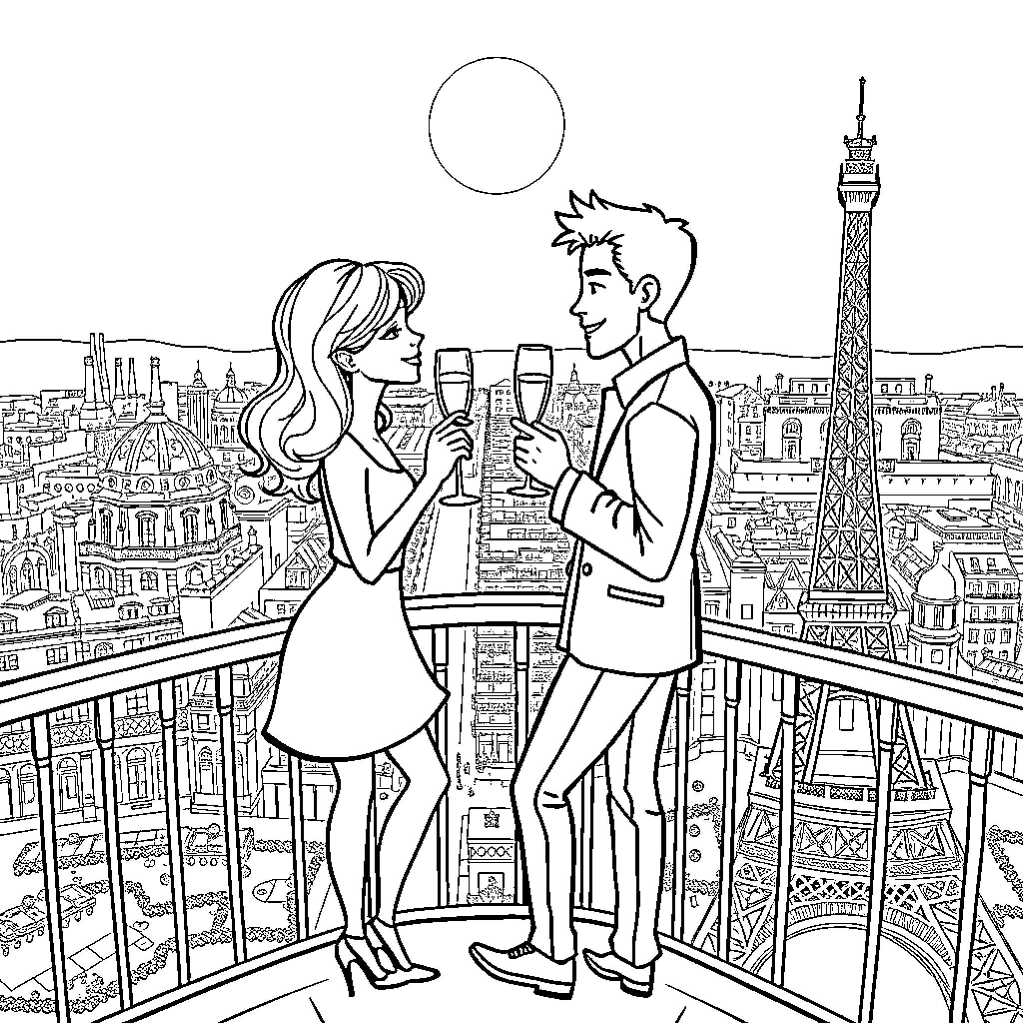 Couple enjoying drinks on a balcony overlooking Paris Coloring Page (free black-and-white line drawing printable PDF for all, from beginners to advanced learners, including children, teens, adults, and seniors)