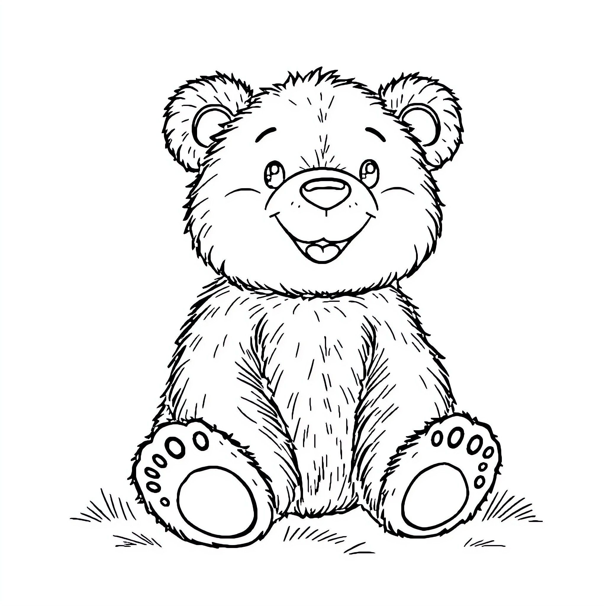 Bear sitting happily and smiling Coloring Page (free black-and-white line drawing printable PDF for all, from beginners to advanced learners, including children, teens, adults, and seniors)