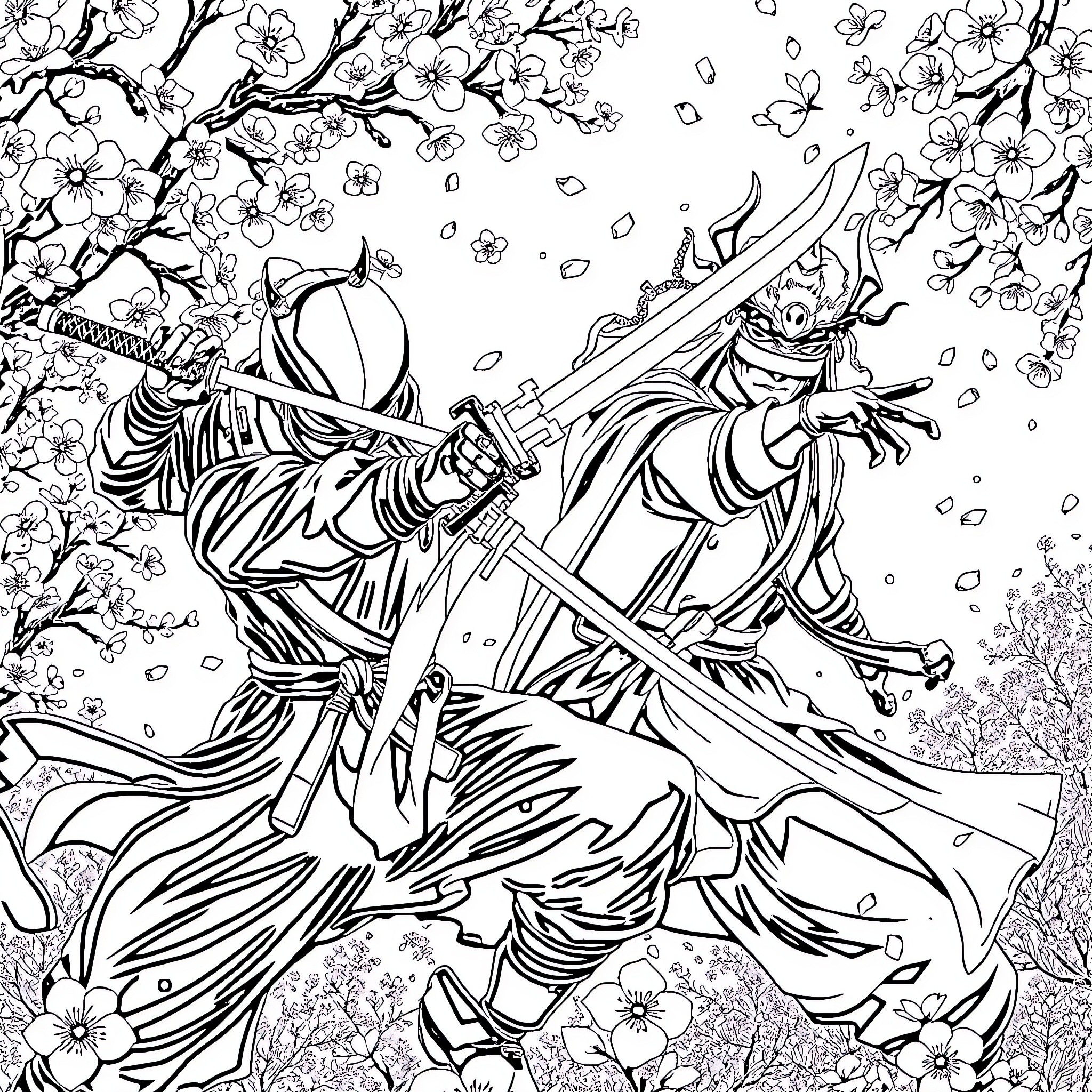 Ninja Warrior Battles Amid Blooming Flowers Coloring Page (free black-and-white line drawing printable PDF for all, from beginners to advanced learners, including children, teens, adults, and seniors)