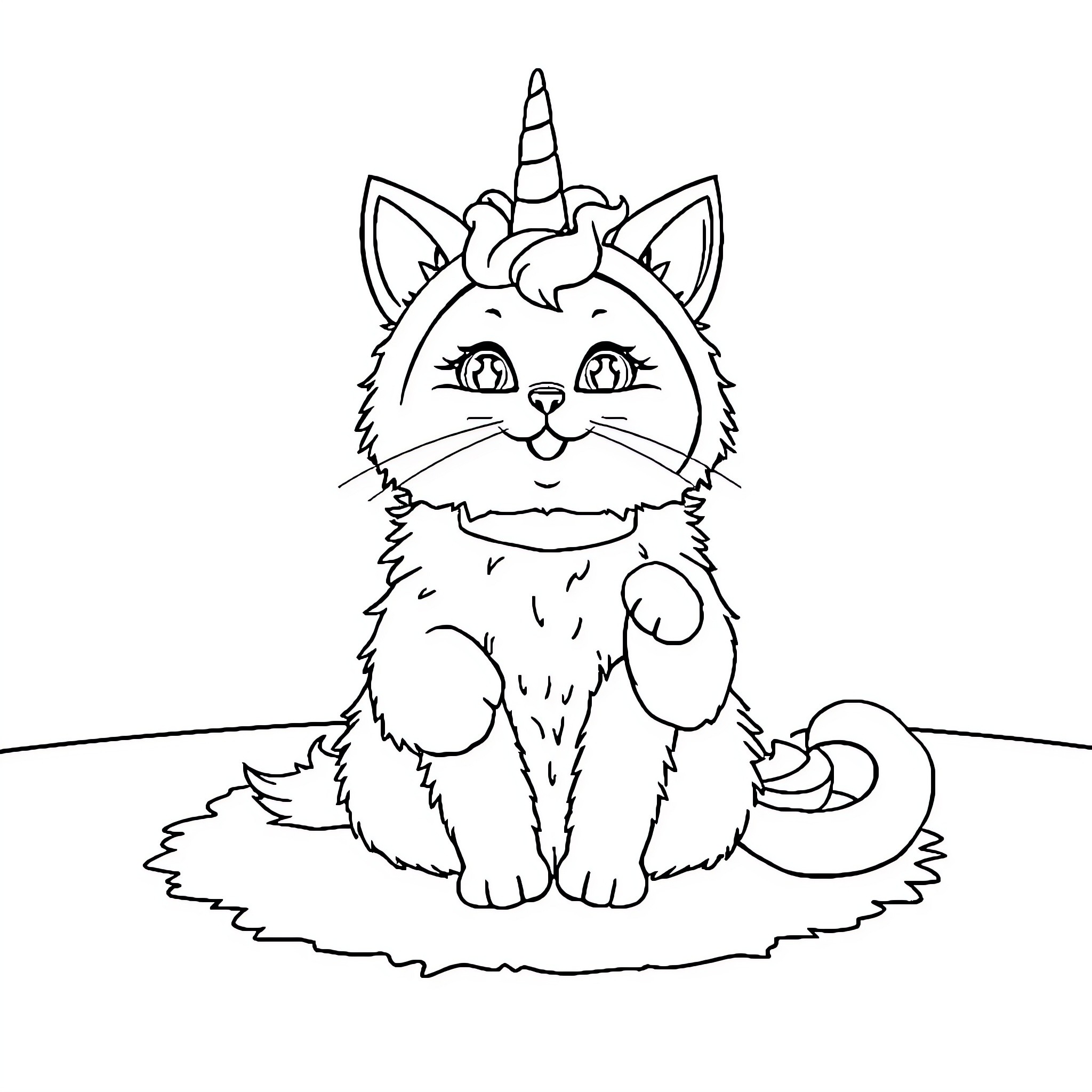 Cat unicorn in a field Coloring Page (free black-and-white line drawing printable PDF for all, from beginners to advanced learners, including children, teens, adults, and seniors)