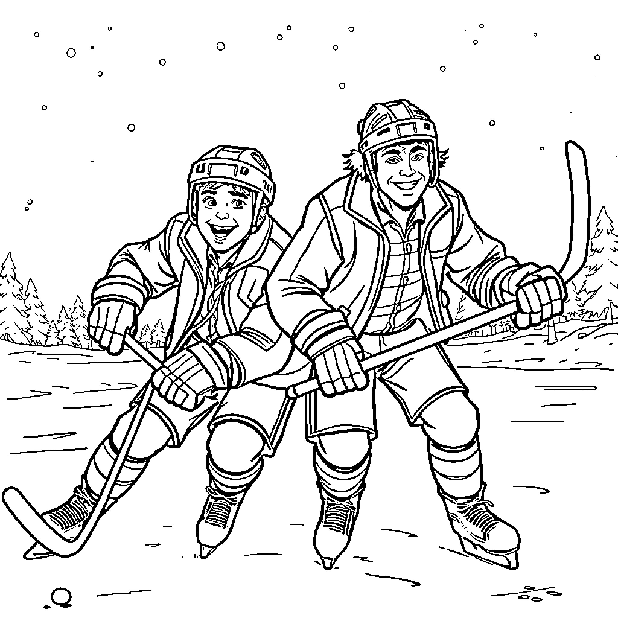 Marty McFly and Companion Ice Hockey Players Coloring Page (free black-and-white line drawing printable PDF for all, from beginners to advanced learners, including children, teens, adults, and seniors)