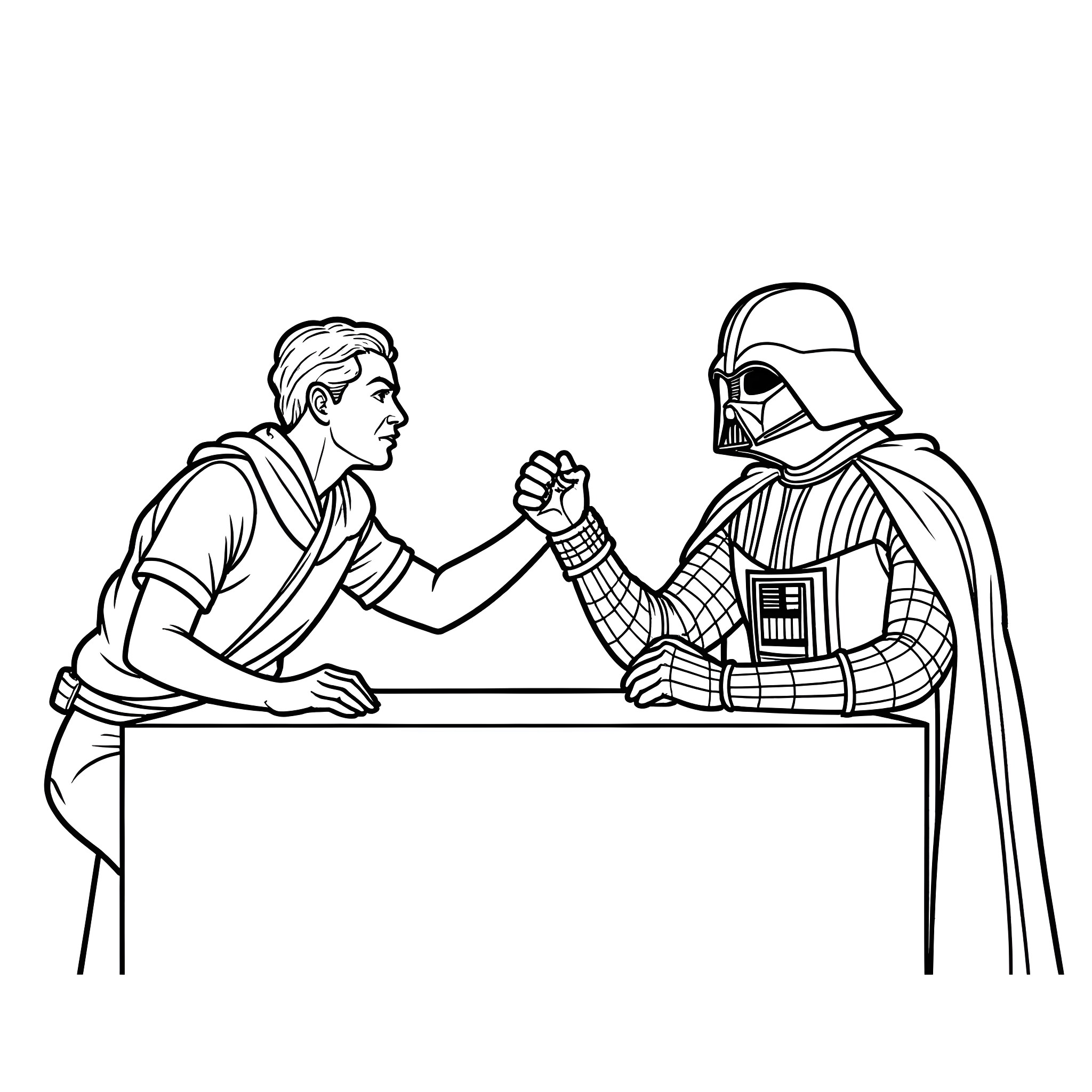 Obi-Wan Kenobi and Darth Vader engage in an intense arm-wrestling match Coloring Page (free black-and-white line drawing printable PDF for all, from beginners to advanced learners, including children, teens, adults, and seniors)
