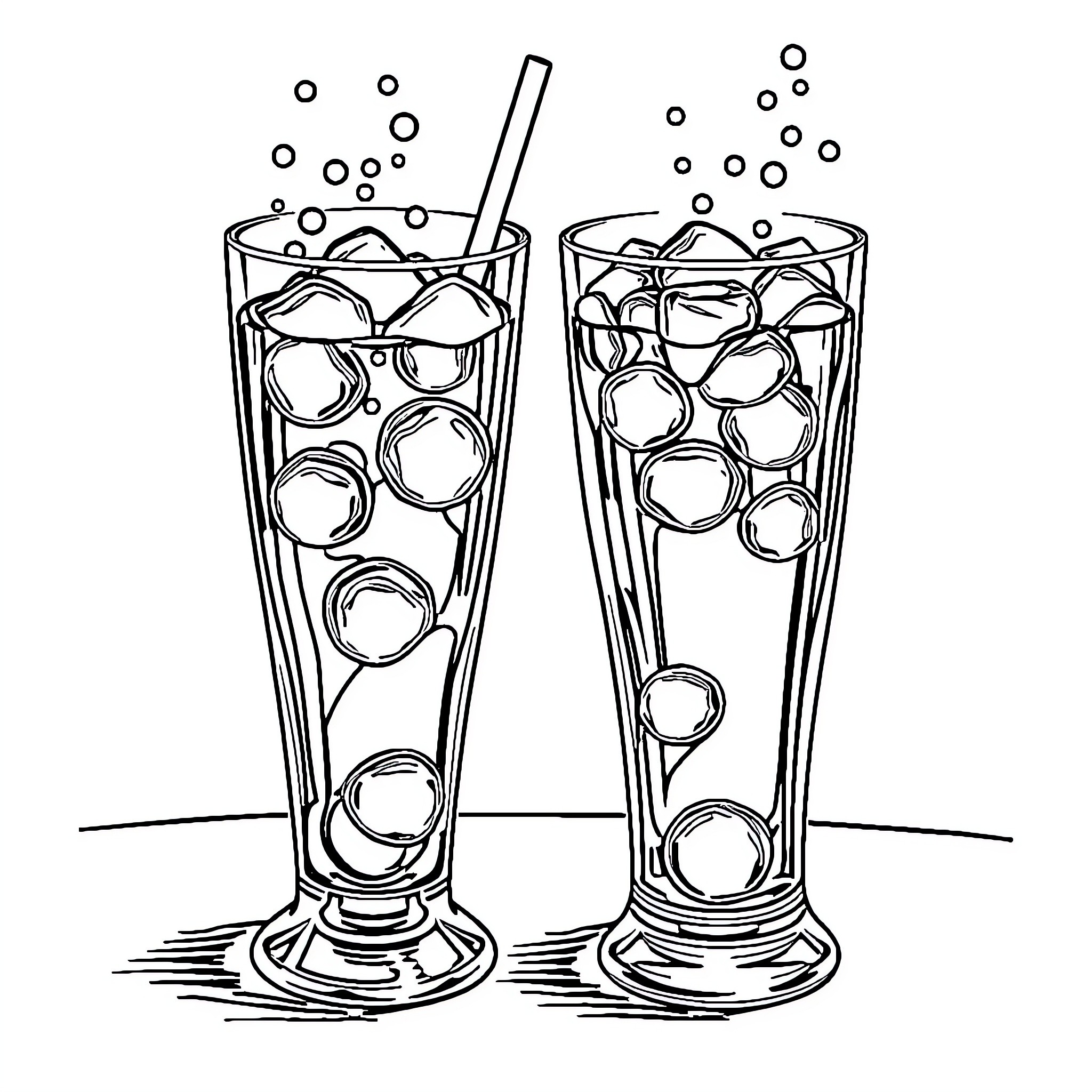 Drink Glasses with Bubbles and Ice Coloring Page (free black-and-white line drawing printable PDF for all, from beginners to advanced learners, including children, teens, adults, and seniors)
