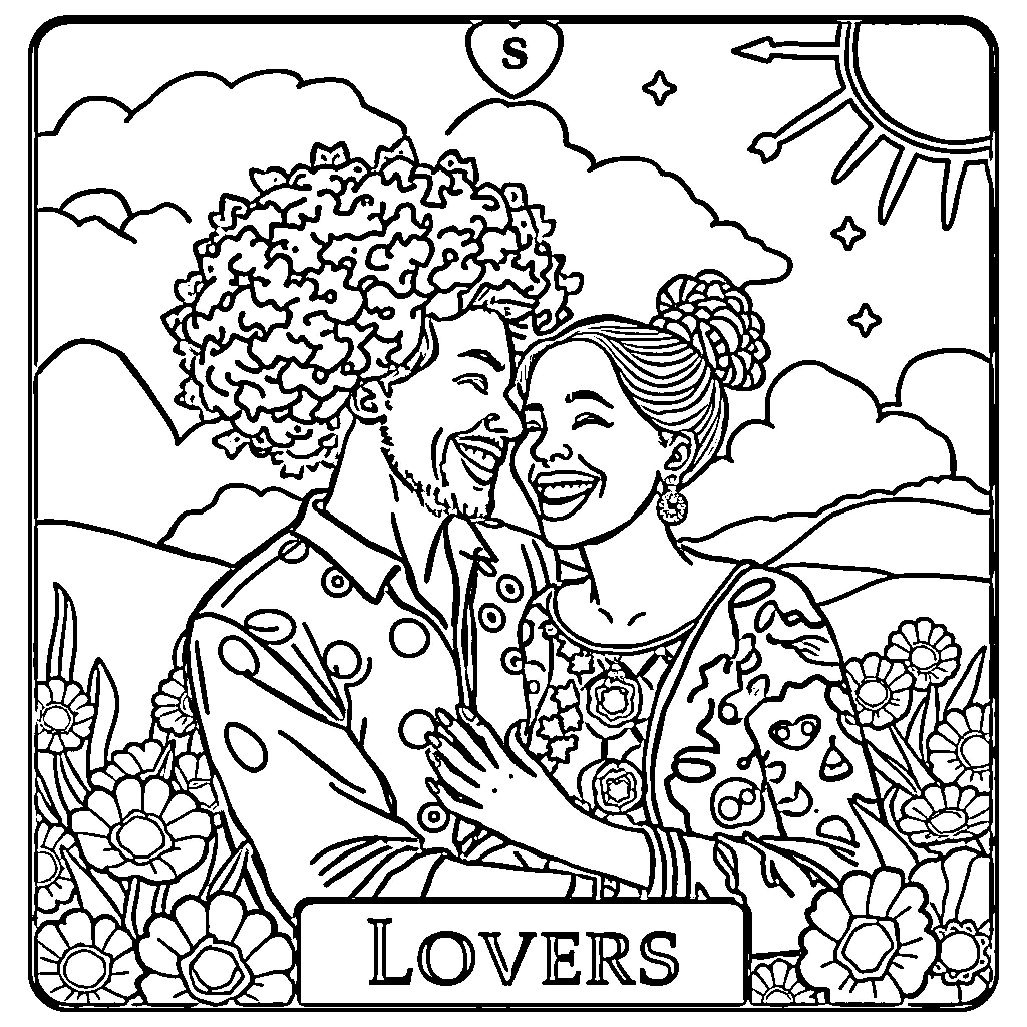 Lovers embracing in a whimsical natural setting Coloring Page (free black-and-white line drawing printable PDF for all, from beginners to advanced learners, including children, teens, adults, and seniors)