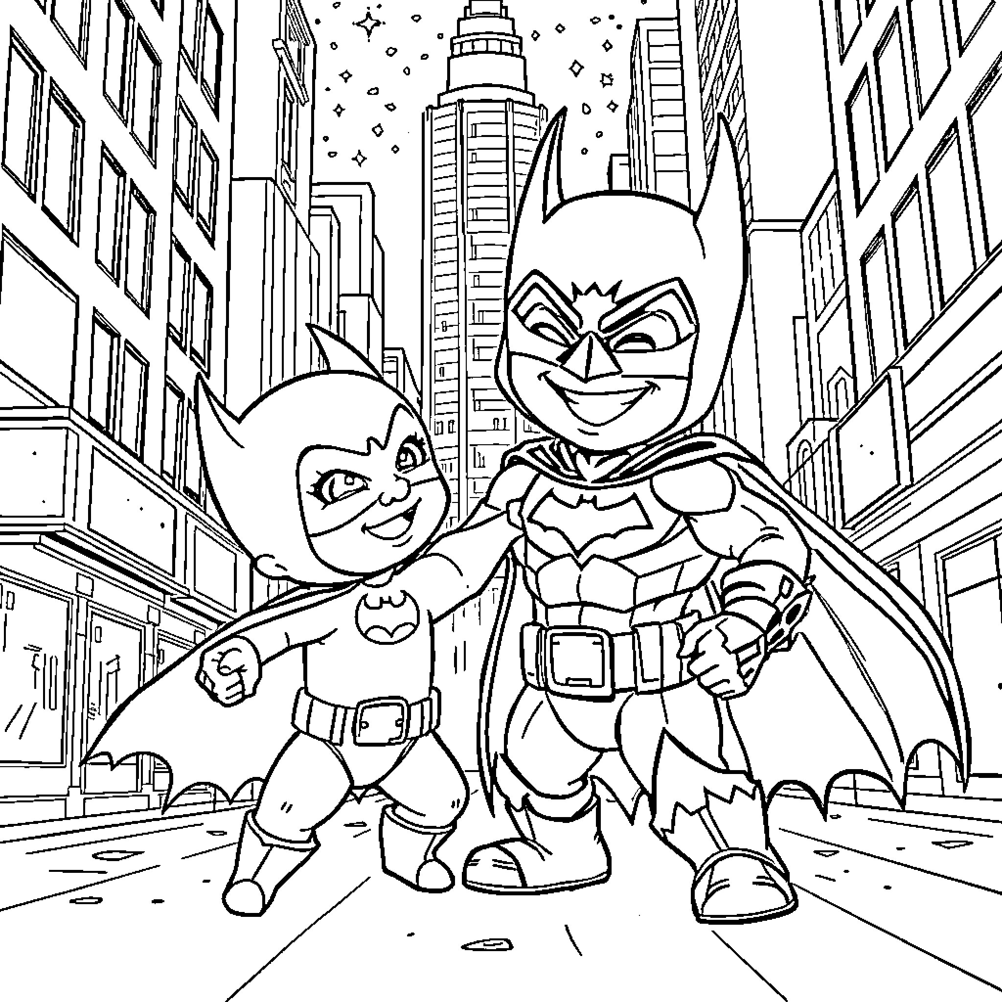 Baby Batman and Baby Robin saving the city Coloring Page (free black-and-white line drawing printable PDF for all, from beginners to advanced learners, including children, teens, adults, and seniors)