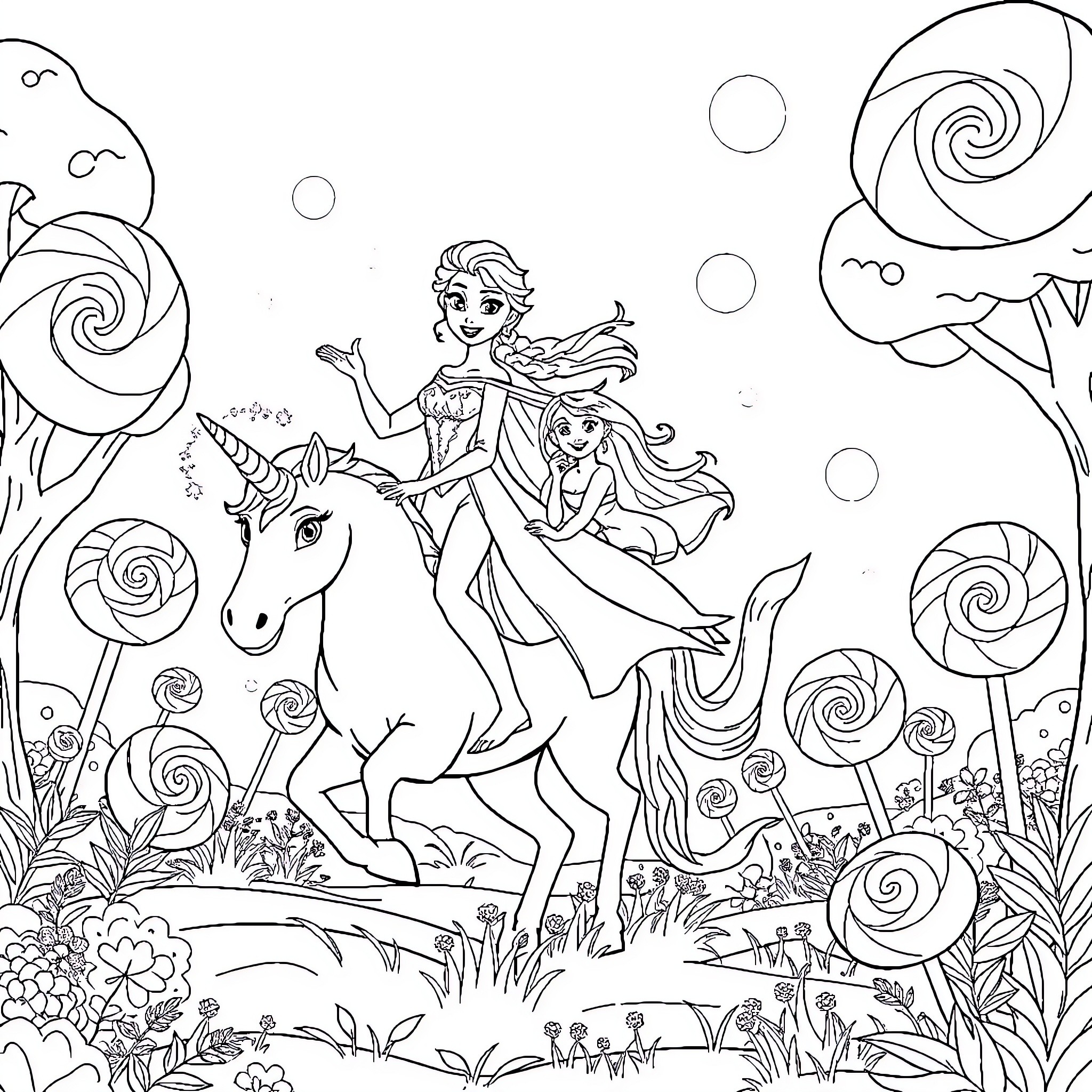 Elsa's Enchanted Unicorn Adventure Coloring Page (free black-and-white line drawing printable PDF for all, from beginners to advanced learners, including children, teens, adults, and seniors)