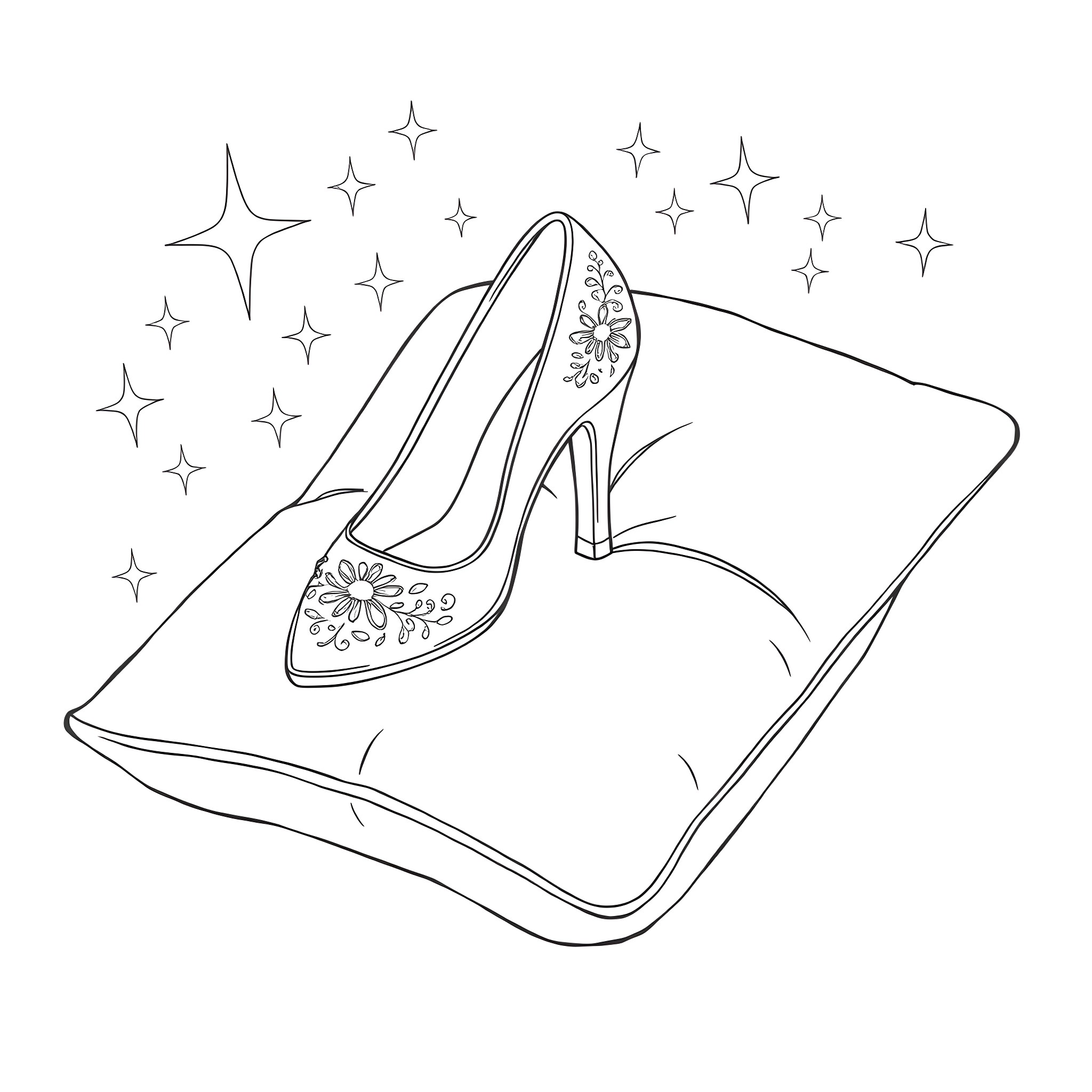 Cinderella's magical glass slipper on a pillow Coloring Page (free black-and-white line drawing printable PDF for all, from beginners to advanced learners, including children, teens, adults, and seniors)