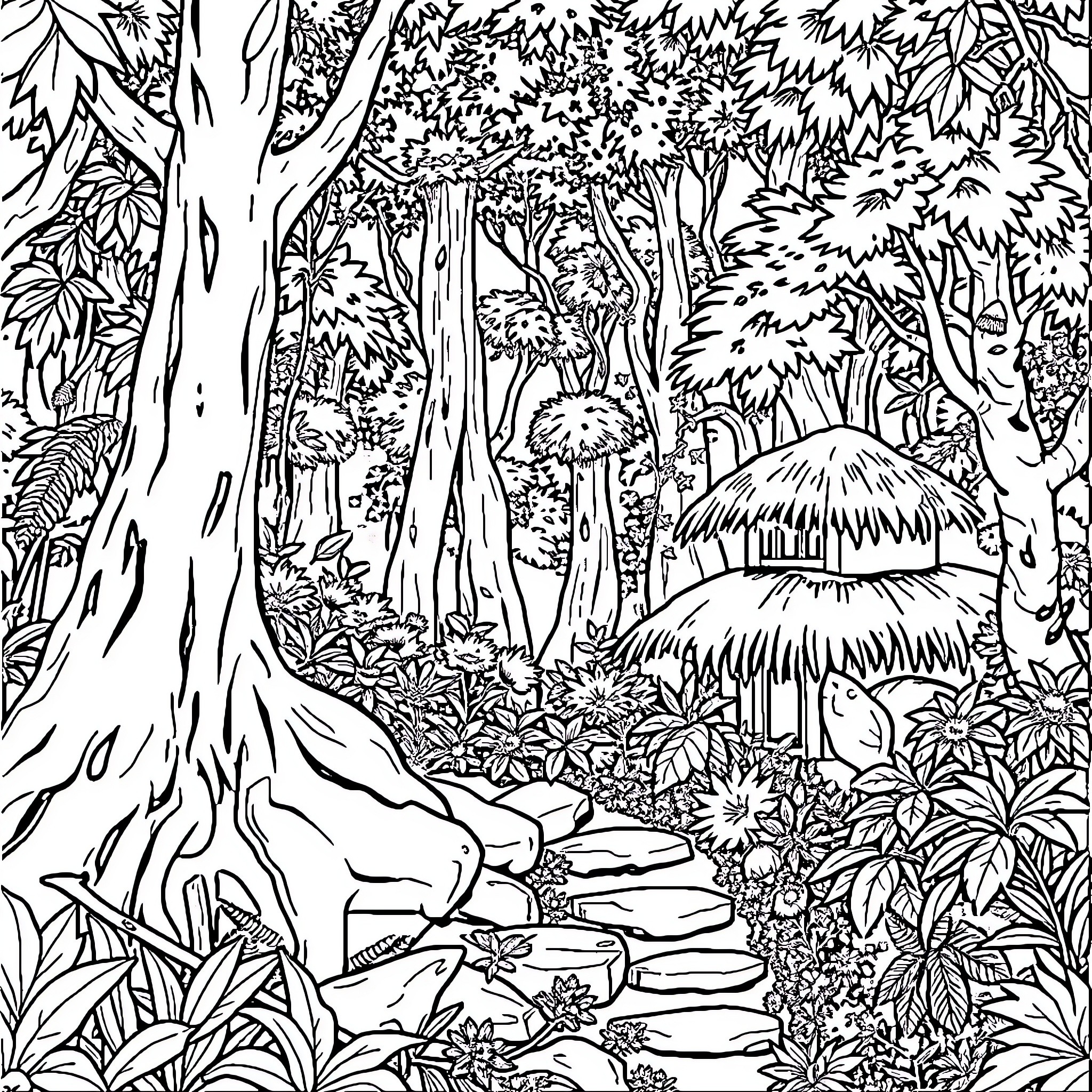 Bear wandering through a lush forest landscape Coloring Page (free black-and-white line drawing printable PDF for all, from beginners to advanced learners, including children, teens, adults, and seniors)