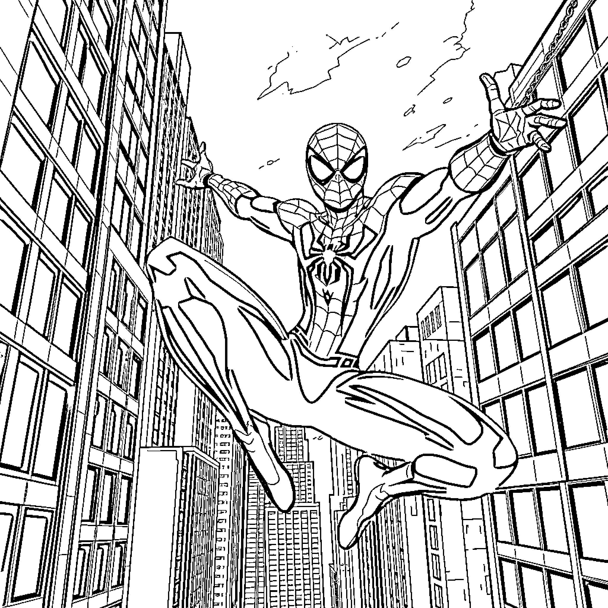 Spiderman swinging through the city skyline Coloring Page (free black-and-white line drawing printable PDF for all, from beginners to advanced learners, including children, teens, adults, and seniors)