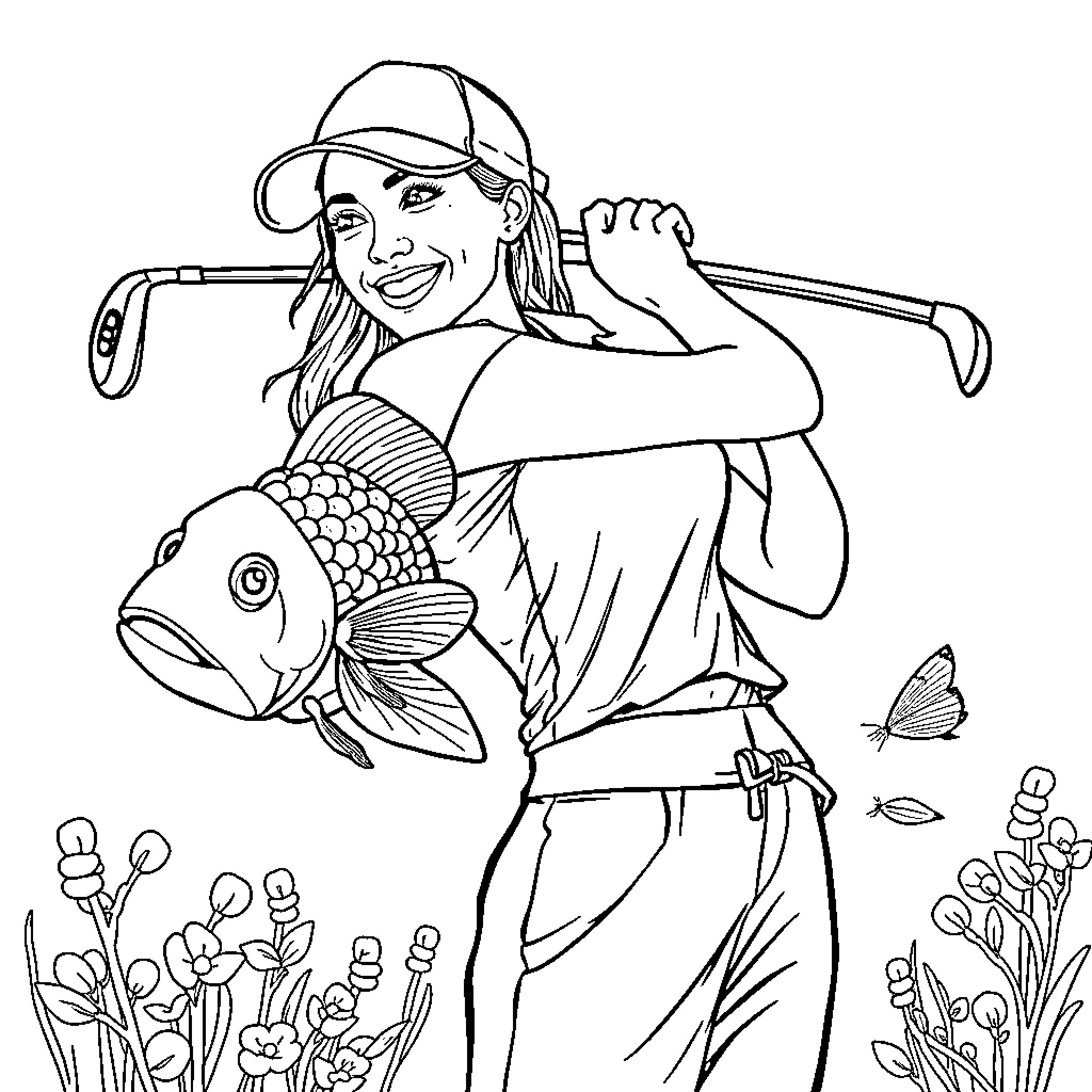 Megan Markle smiling with a fish Coloring Page (free black-and-white line drawing printable PDF for all, from beginners to advanced learners, including children, teens, adults, and seniors)