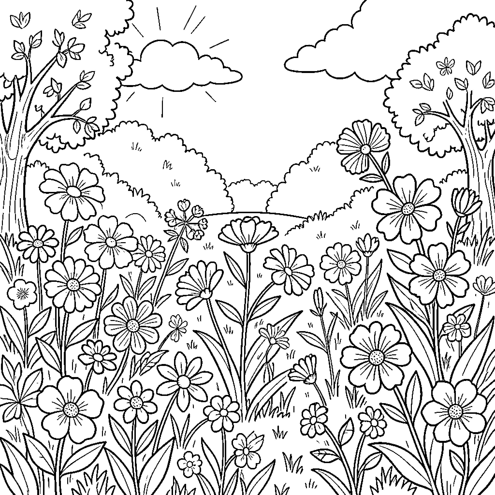 Flower field blooming under a sunny sky Coloring Page (free black-and-white line drawing printable PDF for all, from beginners to advanced learners, including children, teens, adults, and seniors)