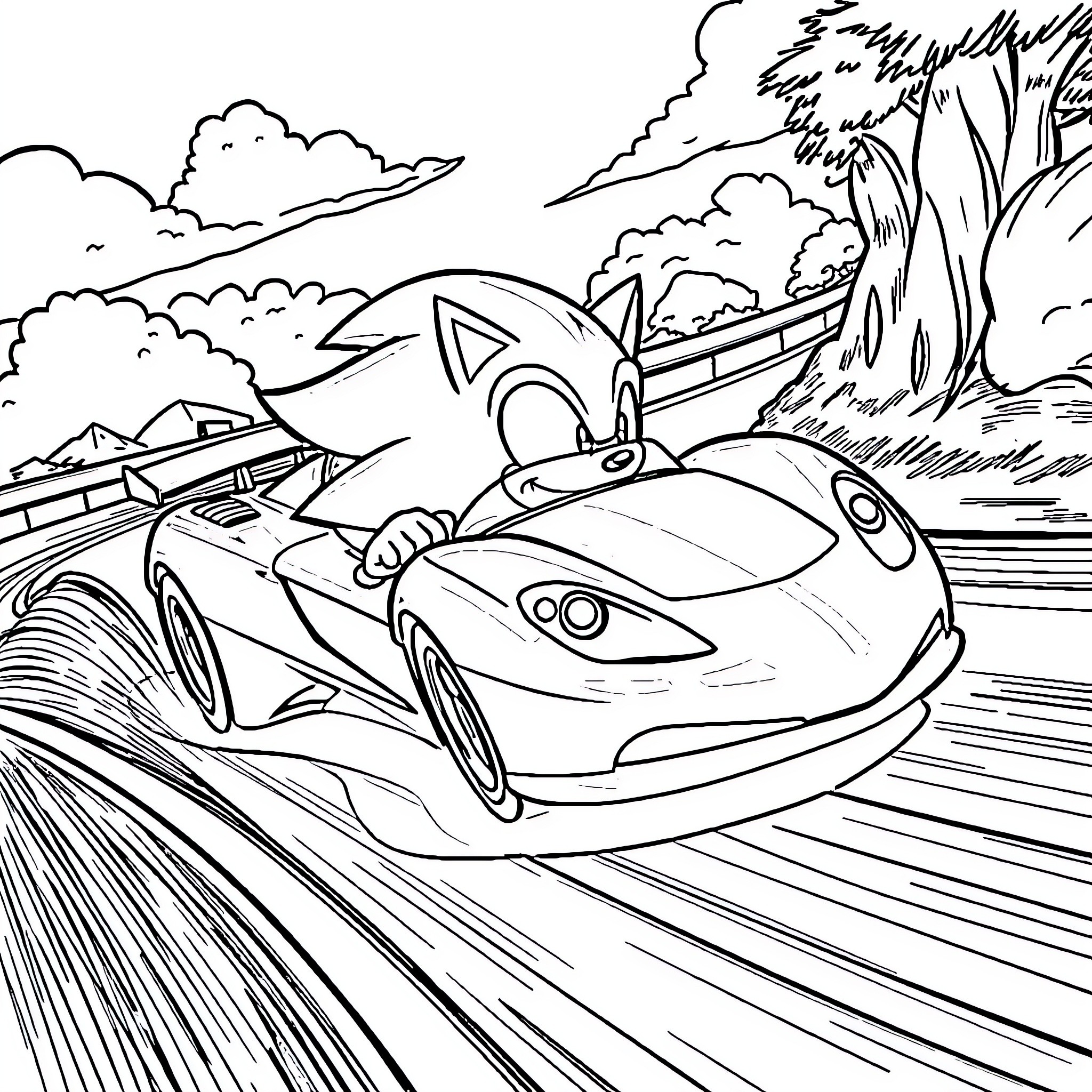 Sonic's thrilling race through the countryside Coloring Page (free black-and-white line drawing printable PDF for all, from beginners to advanced learners, including children, teens, adults, and seniors)