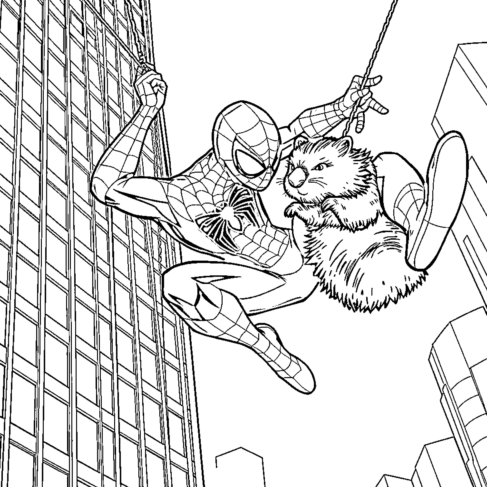 Spiderman saving a furry friend in the city Coloring Page (free black-and-white line drawing printable PDF for all, from beginners to advanced learners, including children, teens, adults, and seniors)