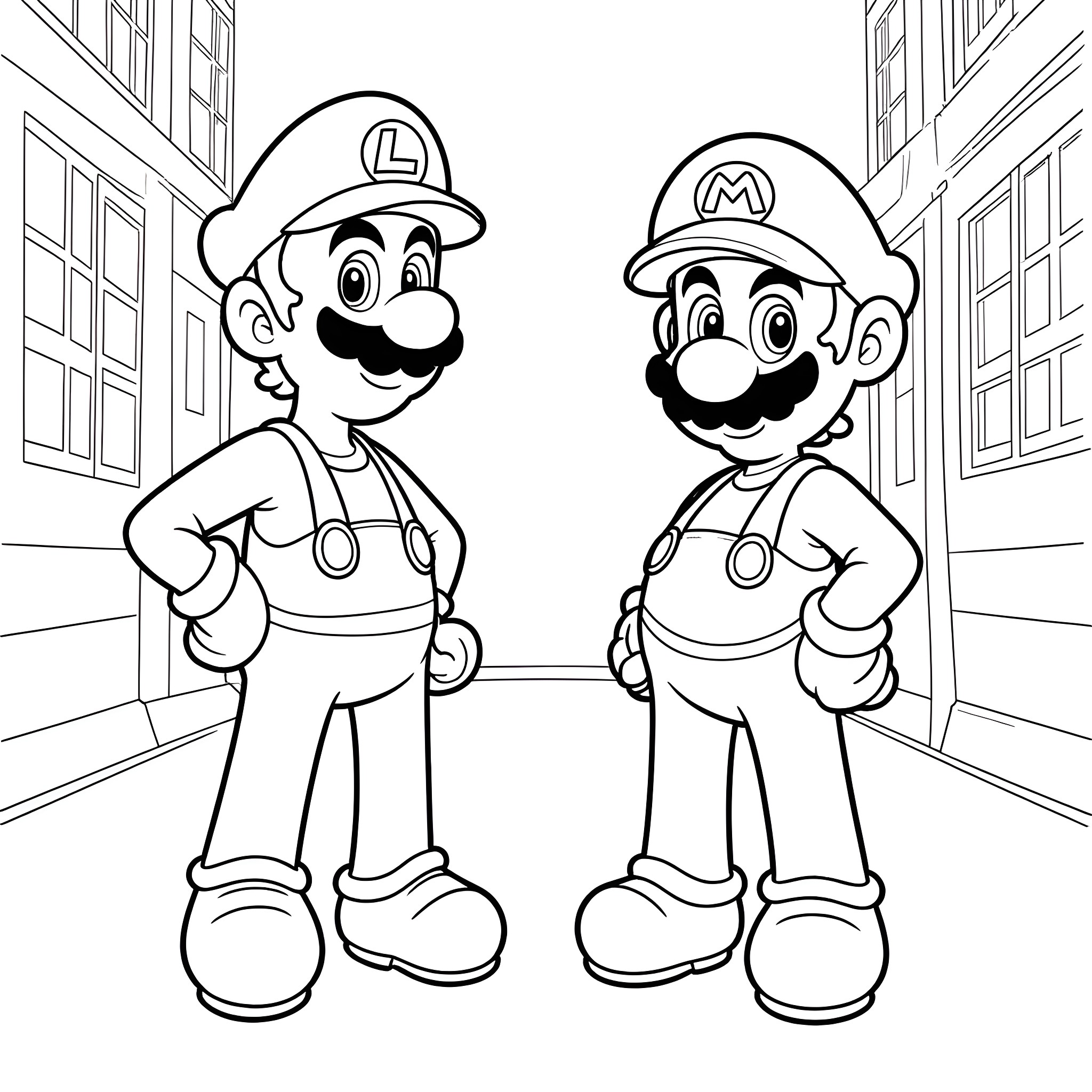 Mario and Luigi standing in the city Coloring Page (free black-and-white line drawing printable PDF for all, from beginners to advanced learners, including children, teens, adults, and seniors)