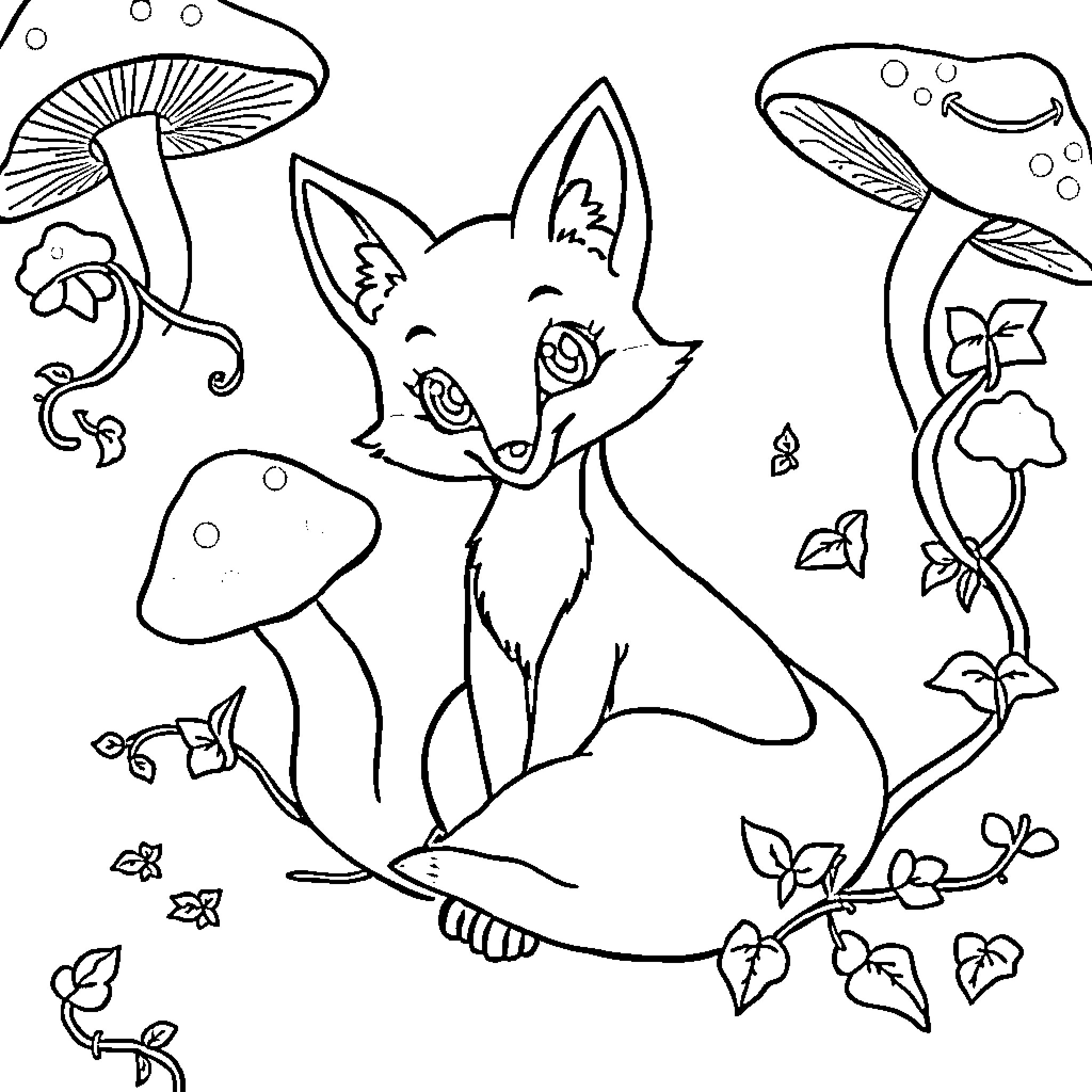 Fox playing amongst whimsical mushrooms and vines Coloring Page (free black-and-white line drawing printable PDF for all, from beginners to advanced learners, including children, teens, adults, and seniors)
