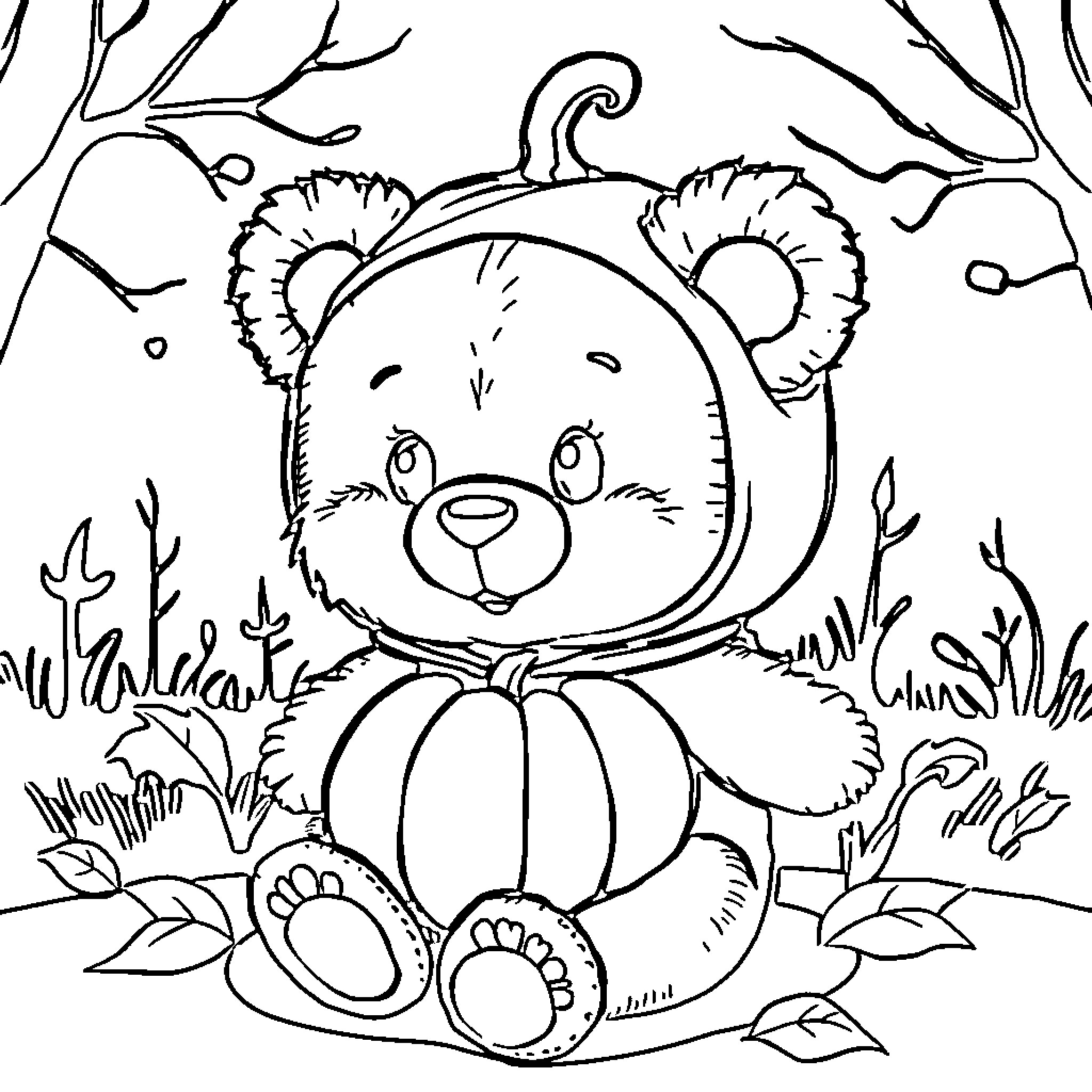 Teddy Bear with Pumpkin in the Forest Coloring Page (free black-and-white line drawing printable PDF for all, from beginners to advanced learners, including children, teens, adults, and seniors)