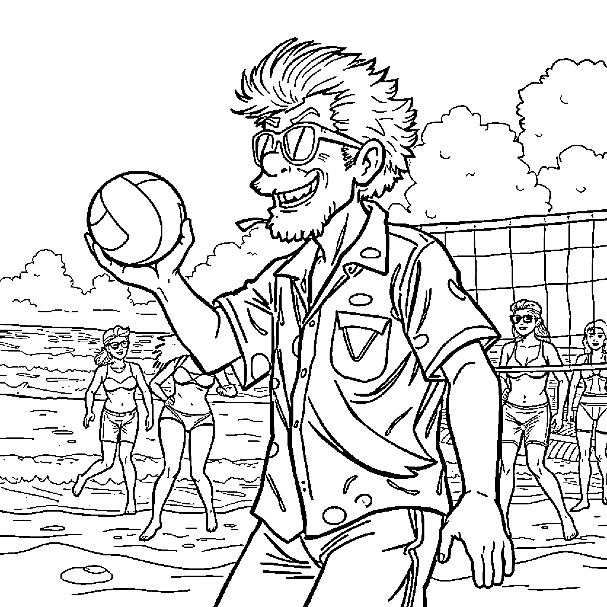 Doc Brown playing volleyball on the beach Coloring Page (free black-and-white line drawing printable PDF for all, from beginners to advanced learners, including children, teens, adults, and seniors)