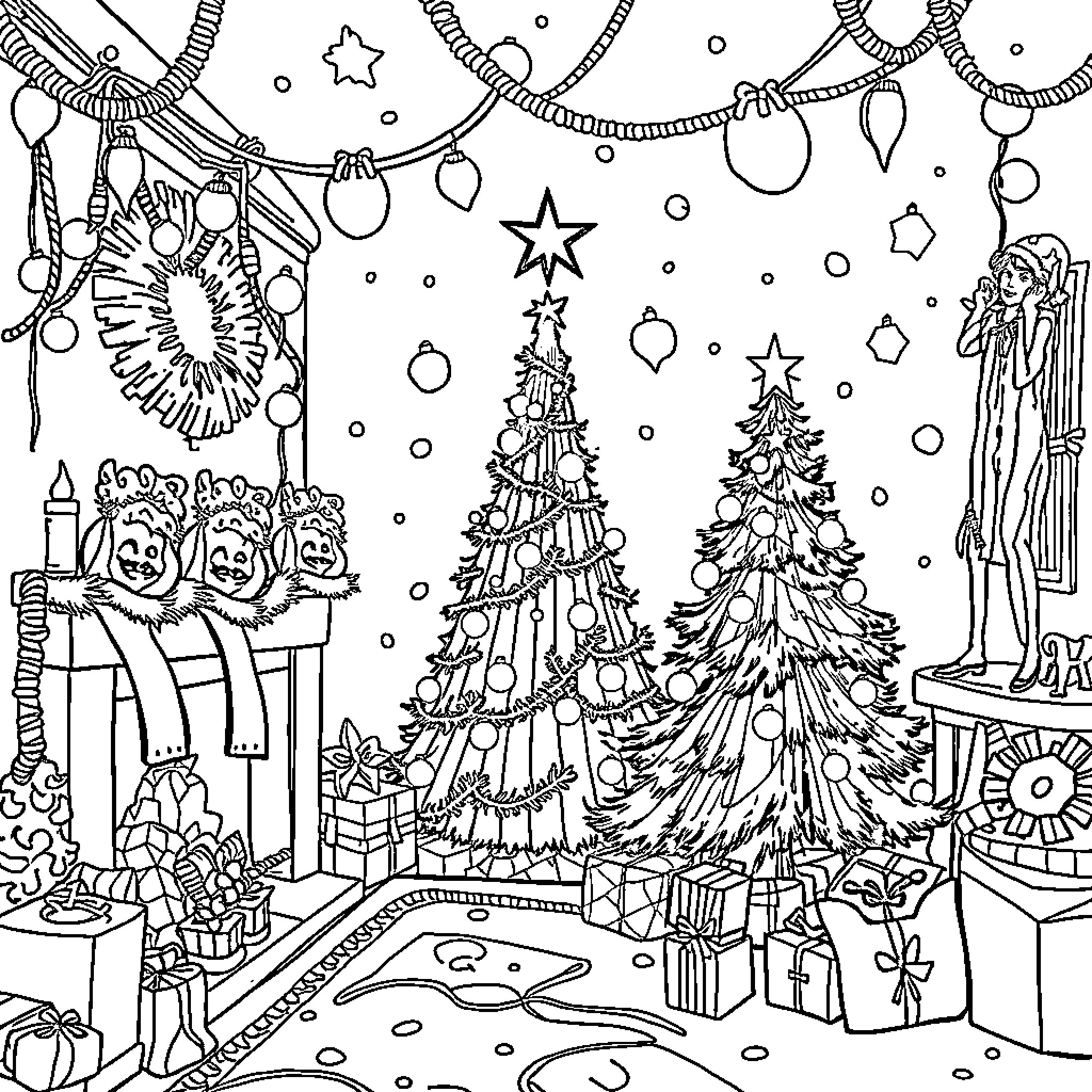 Christmas Decorations and Holiday Cheer Coloring Page (free black-and-white line drawing printable PDF for all, from beginners to advanced learners, including children, teens, adults, and seniors)