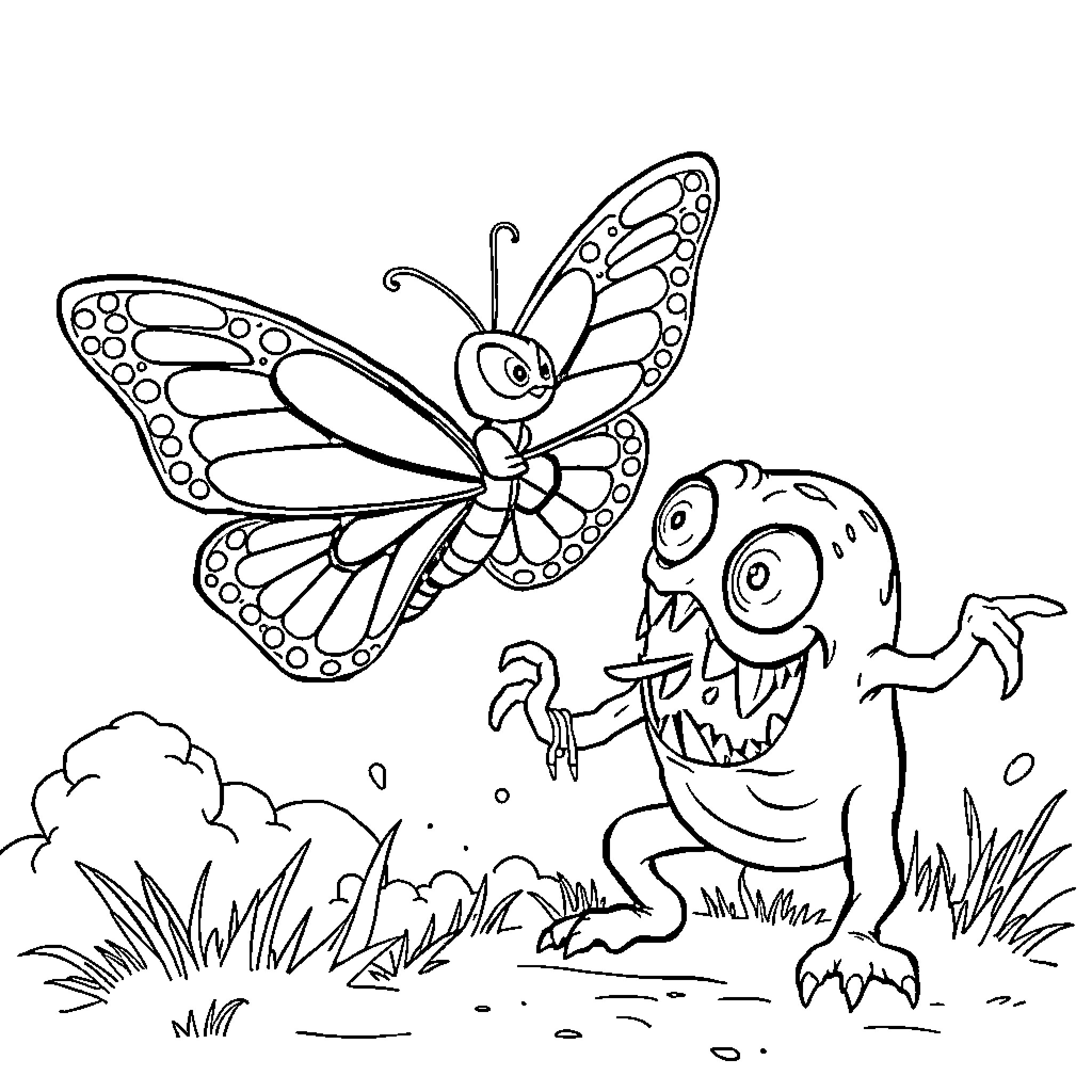 Butterfly and Playful Creature in Nature Scene Coloring Page (free black-and-white line drawing printable PDF for all, from beginners to advanced learners, including children, teens, adults, and seniors)