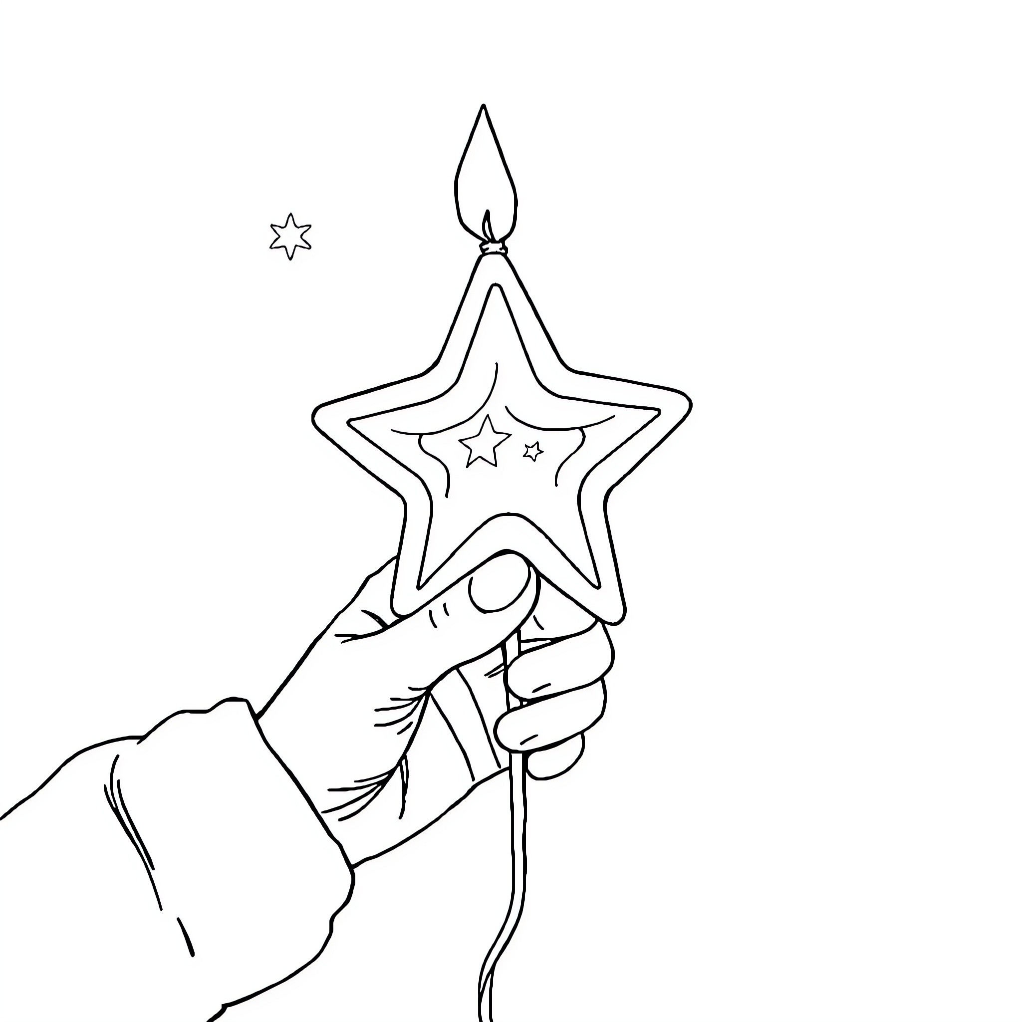 Hand holding star-shaped light Coloring Page (free black-and-white line drawing printable PDF for all, from beginners to advanced learners, including children, teens, adults, and seniors)