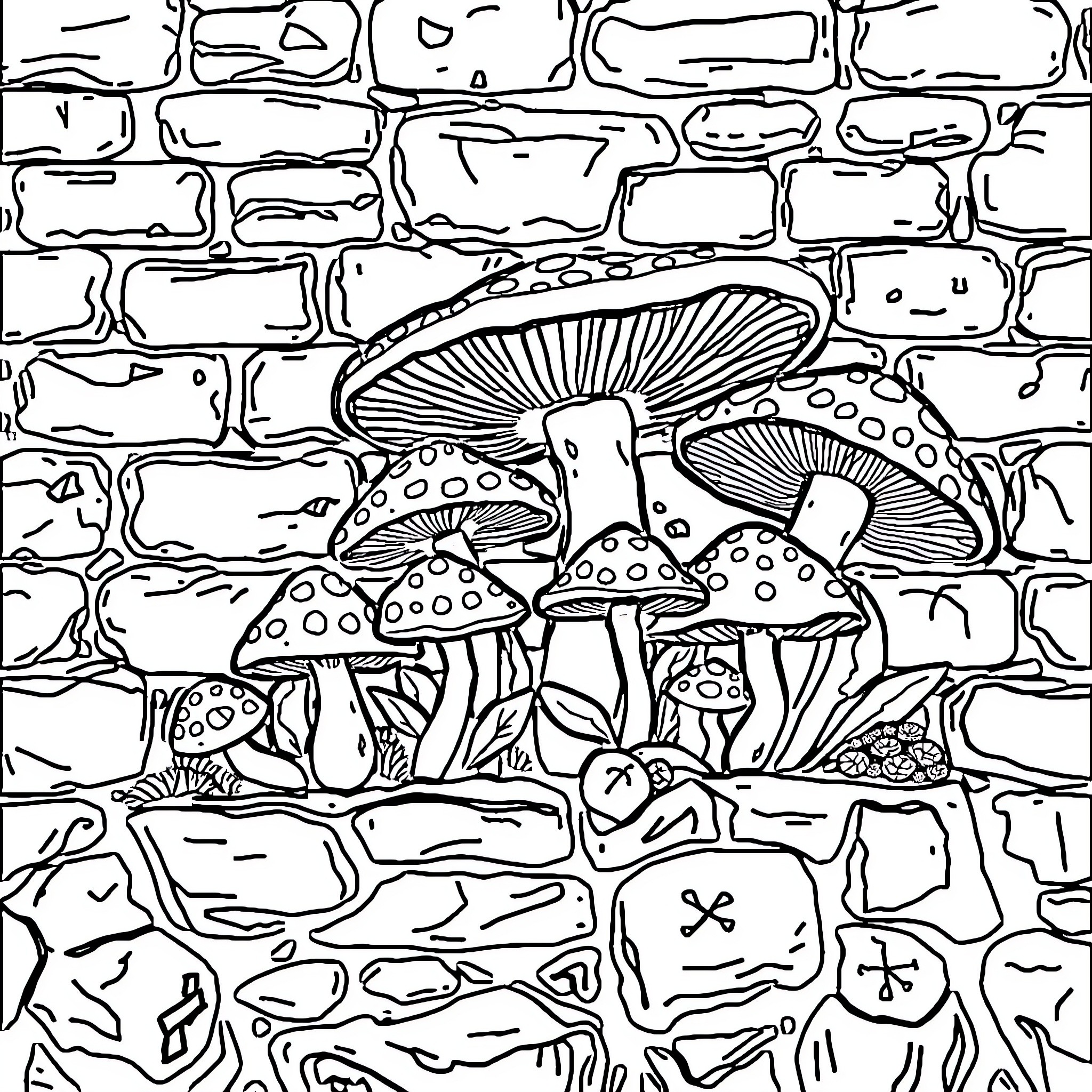 Mushroom landscape with whimsical fungi Coloring Page (free black-and-white line drawing printable PDF for all, from beginners to advanced learners, including children, teens, adults, and seniors)