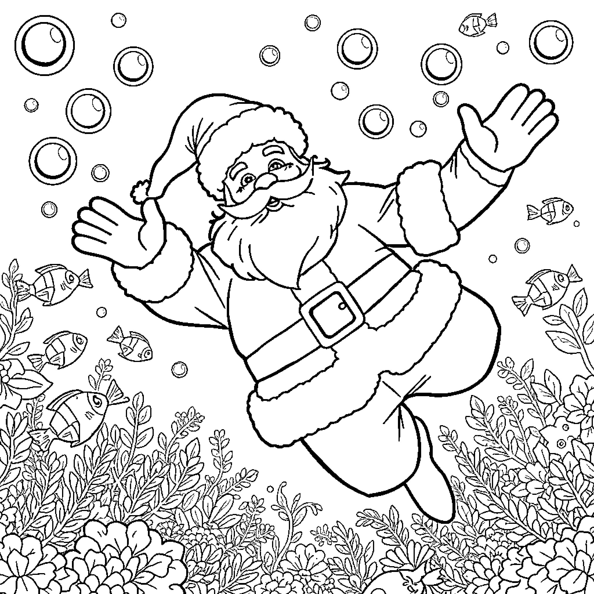 Santa's Underwater Adventure Coloring Page (free black-and-white line drawing printable PDF for all, from beginners to advanced learners, including children, teens, adults, and seniors)