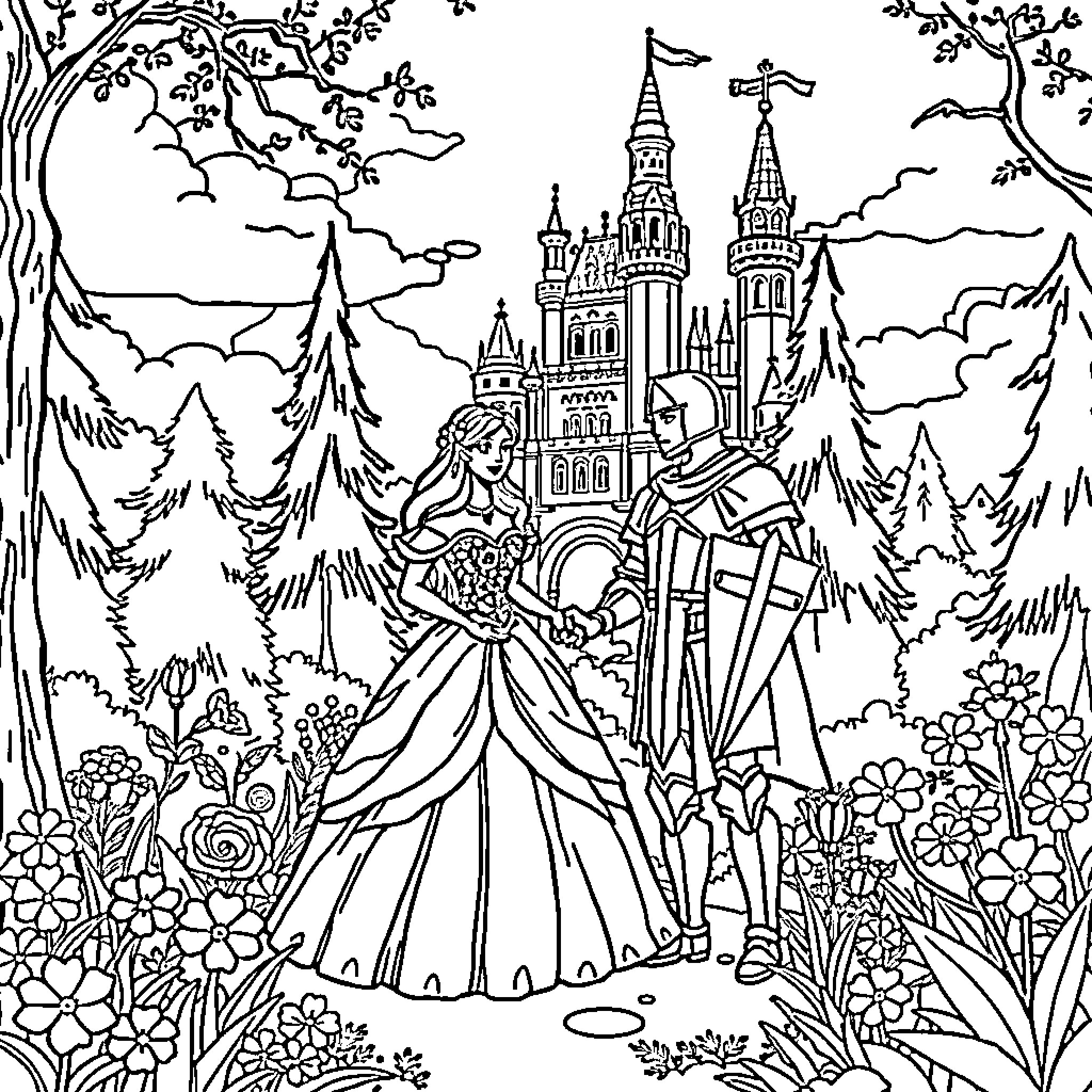 Princess in Elegant Gown at Enchanted Castle Coloring Page (free black-and-white line drawing printable PDF for all, from beginners to advanced learners, including children, teens, adults, and seniors)