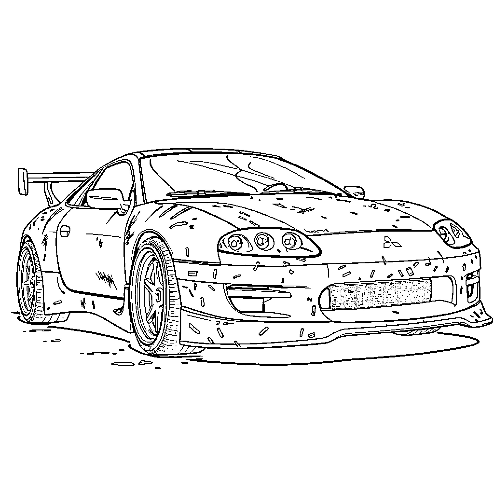Mitsubishi sports car racing on the track Coloring Page (free black-and-white line drawing printable PDF for all, from beginners to advanced learners, including children, teens, adults, and seniors)
