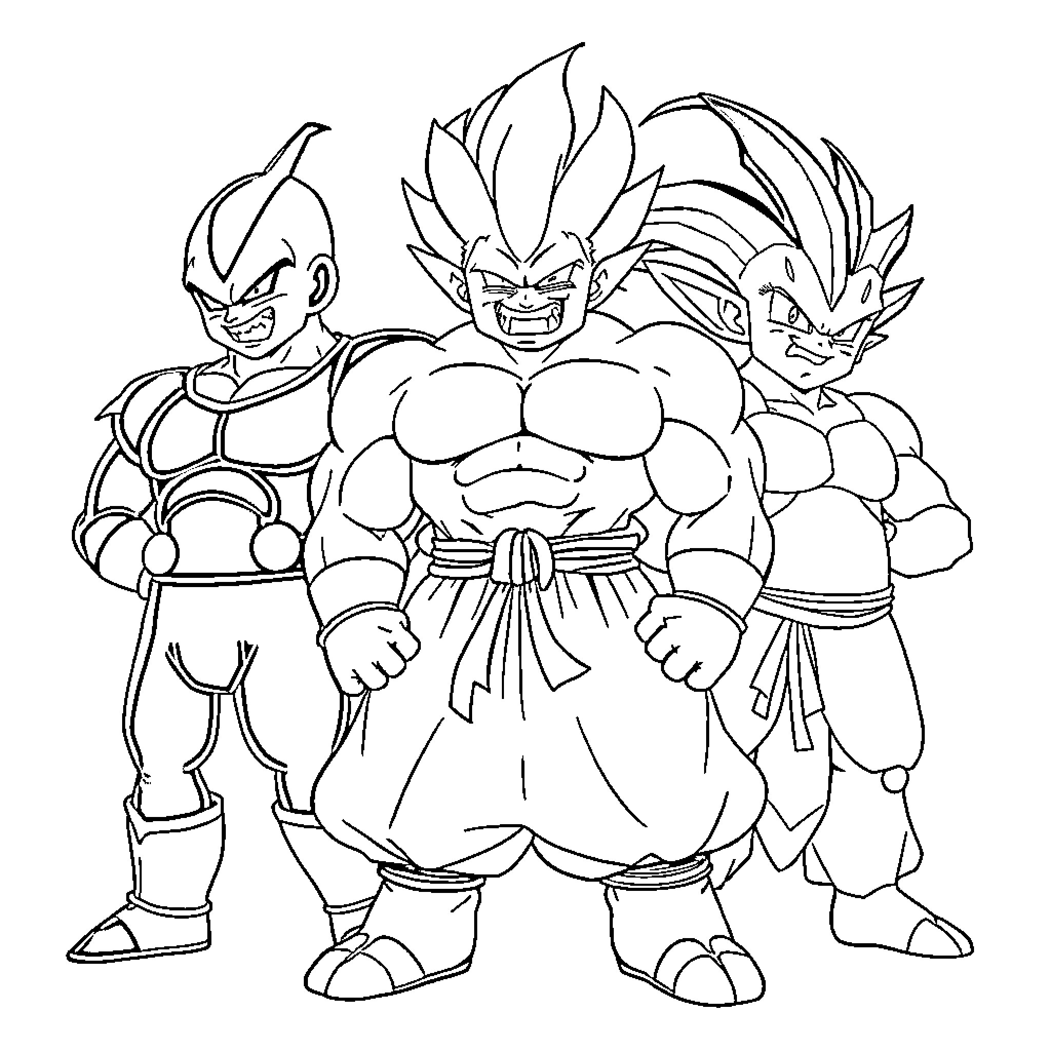 Dragon Ball Z Villains Menacingly Posing Coloring Page (free black-and-white line drawing printable PDF for all, from beginners to advanced learners, including children, teens, adults, and seniors)