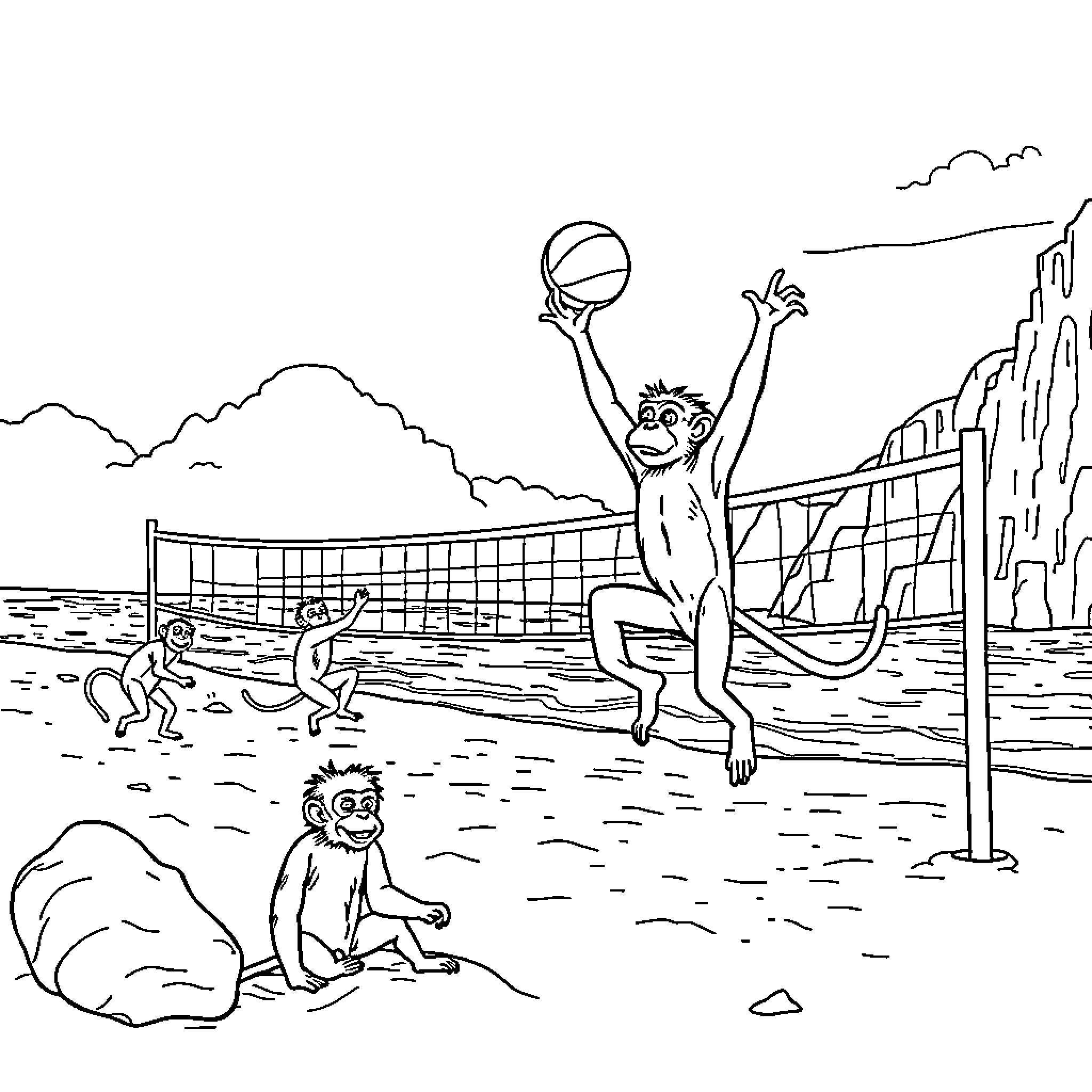 Monkeys playing volleyball on the beach Coloring Page (free black-and-white line drawing printable PDF for all, from beginners to advanced learners, including children, teens, adults, and seniors)