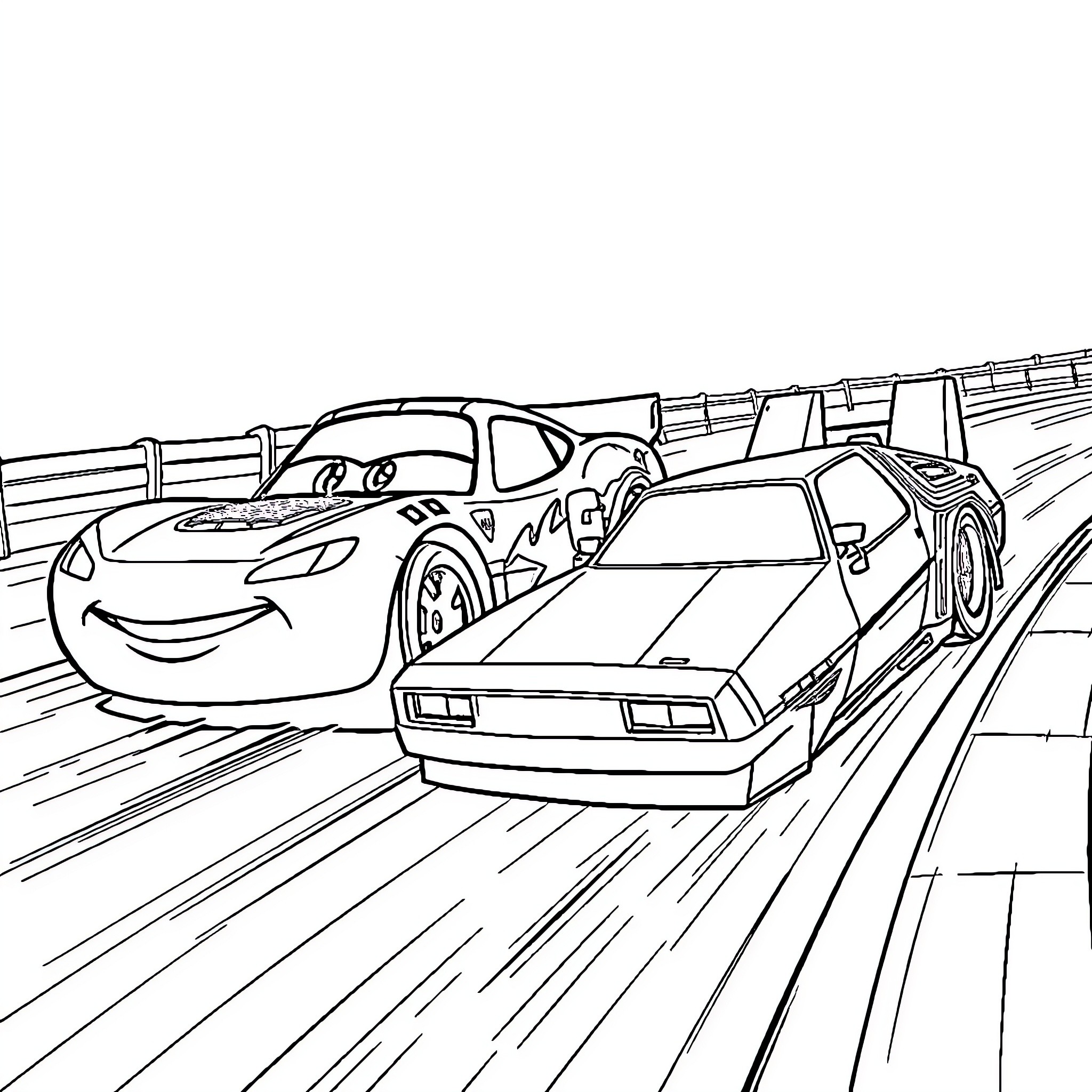 Car race with stylized characters and vehicles Coloring Page (free black-and-white line drawing printable PDF for all, from beginners to advanced learners, including children, teens, adults, and seniors)