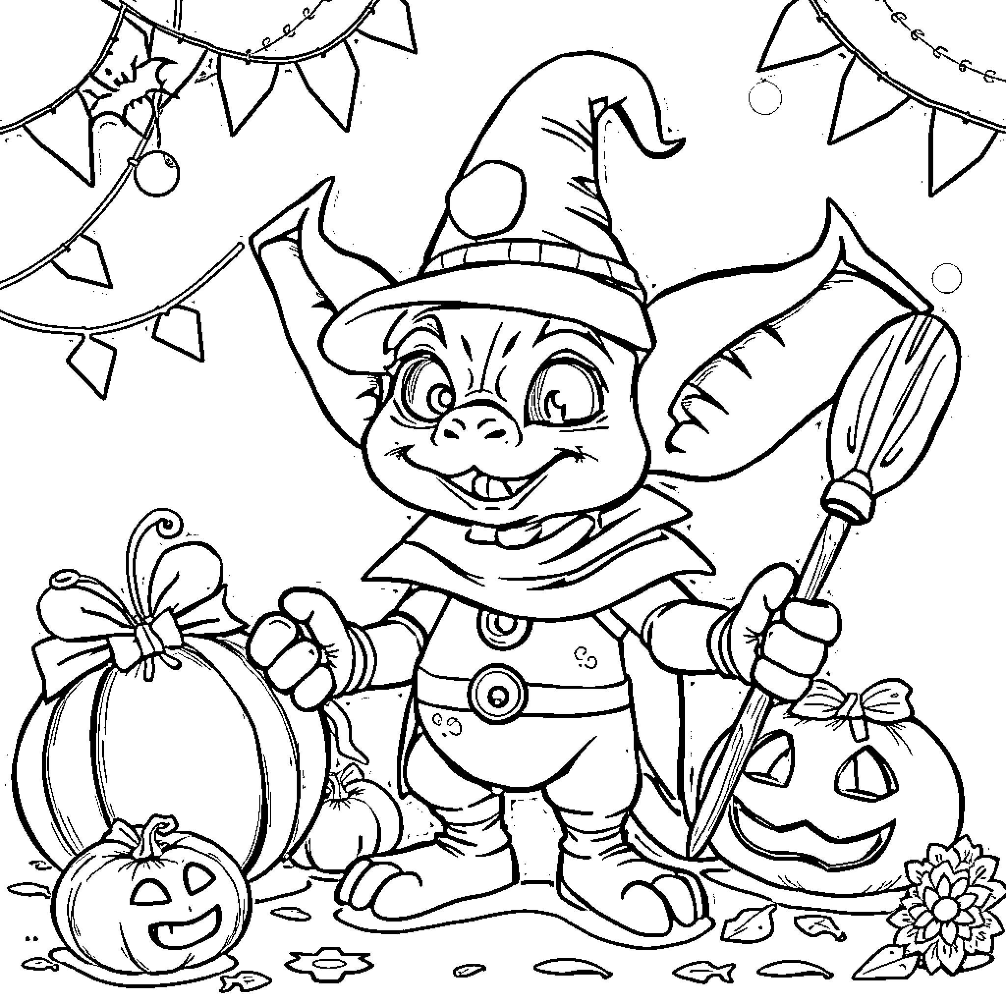 Bobgoblin's Halloween Adventure Coloring Page (free black-and-white line drawing printable PDF for all, from beginners to advanced learners, including children, teens, adults, and seniors)