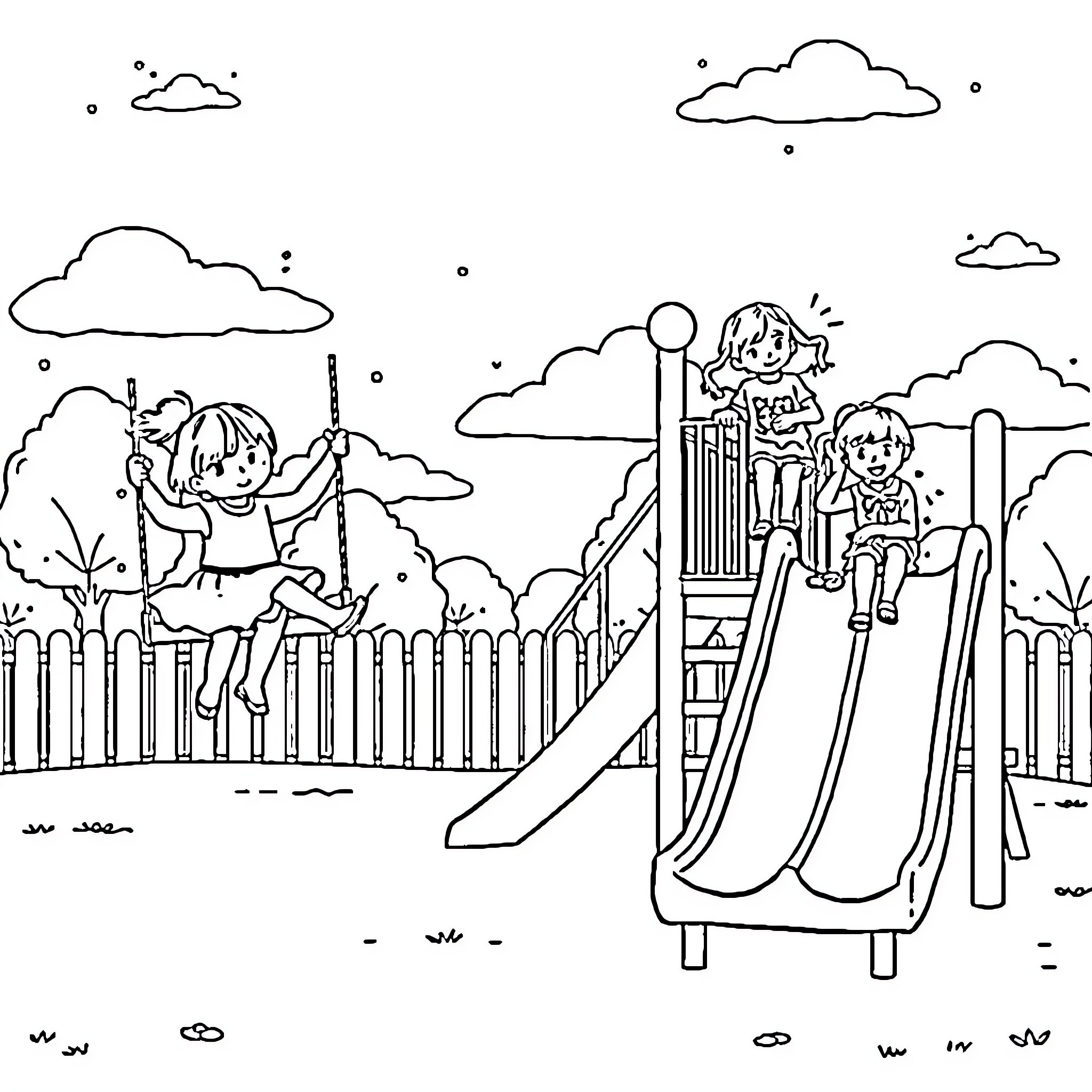 Toddlers enjoying the playground equipment Coloring Page (free black-and-white line drawing printable PDF for all, from beginners to advanced learners, including children, teens, adults, and seniors)