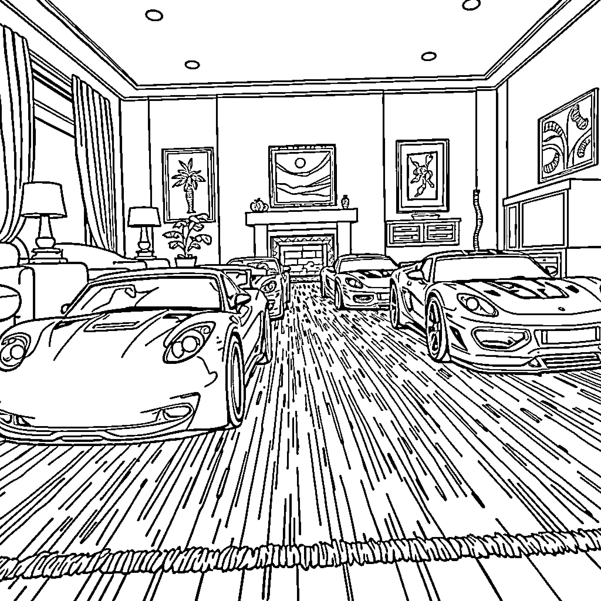 Car showroom displaying luxury vehicles Coloring Page (free black-and-white line drawing printable PDF for all, from beginners to advanced learners, including children, teens, adults, and seniors)