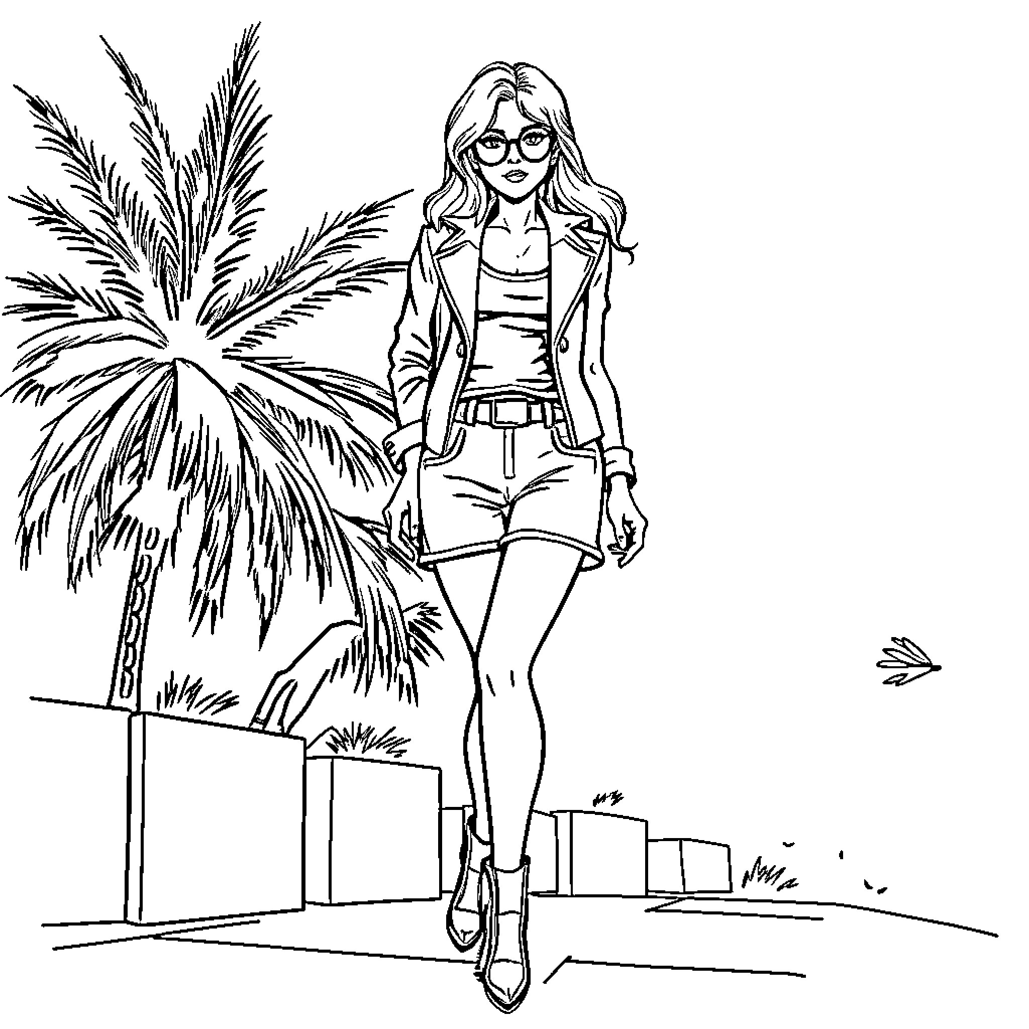 Sabine Duret's Stylish Stroll through the Tropics Coloring Page (free black-and-white line drawing printable PDF for all, from beginners to advanced learners, including children, teens, adults, and seniors)