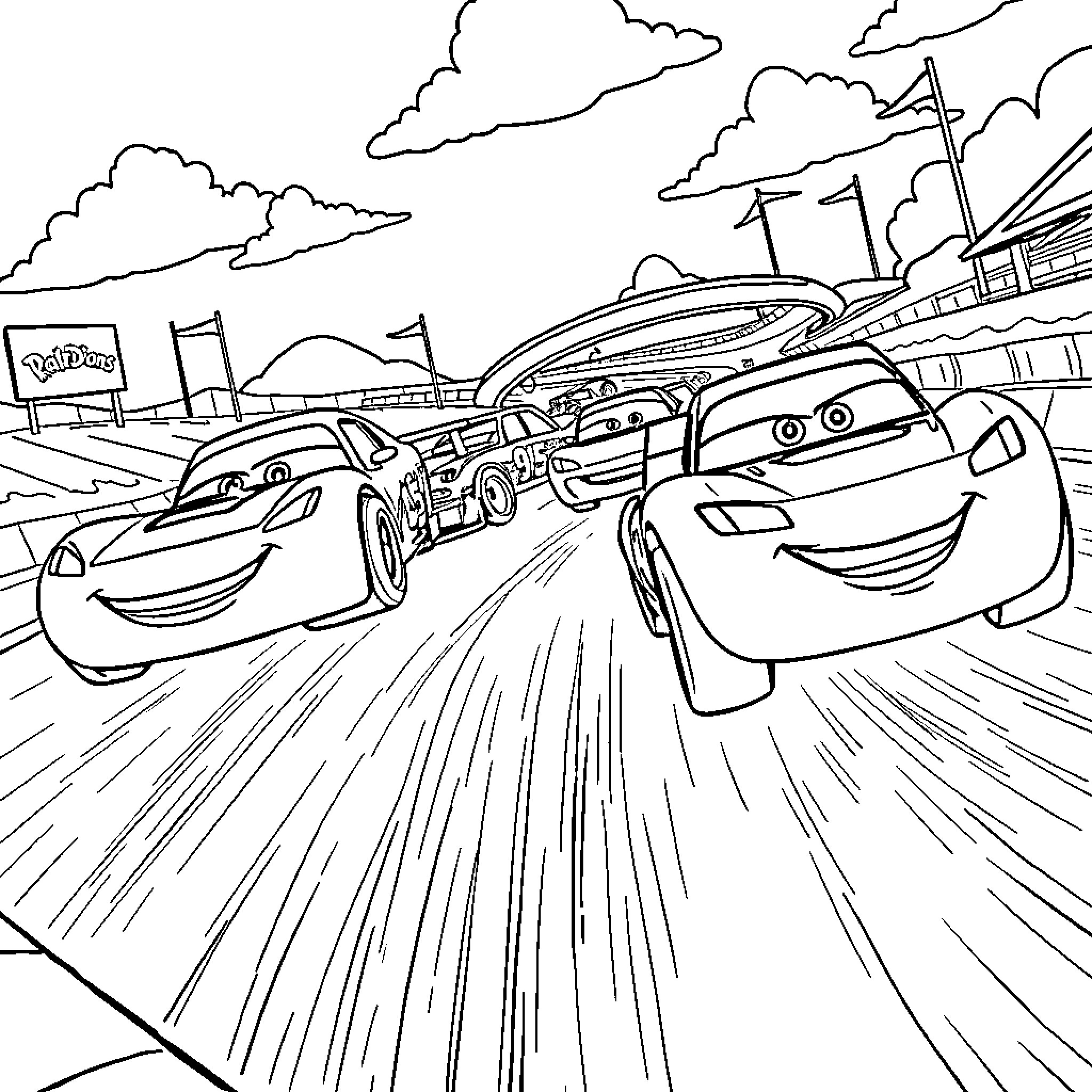 Car Racing on the Racetrack Coloring Page (free black-and-white line drawing printable PDF for all, from beginners to advanced learners, including children, teens, adults, and seniors)