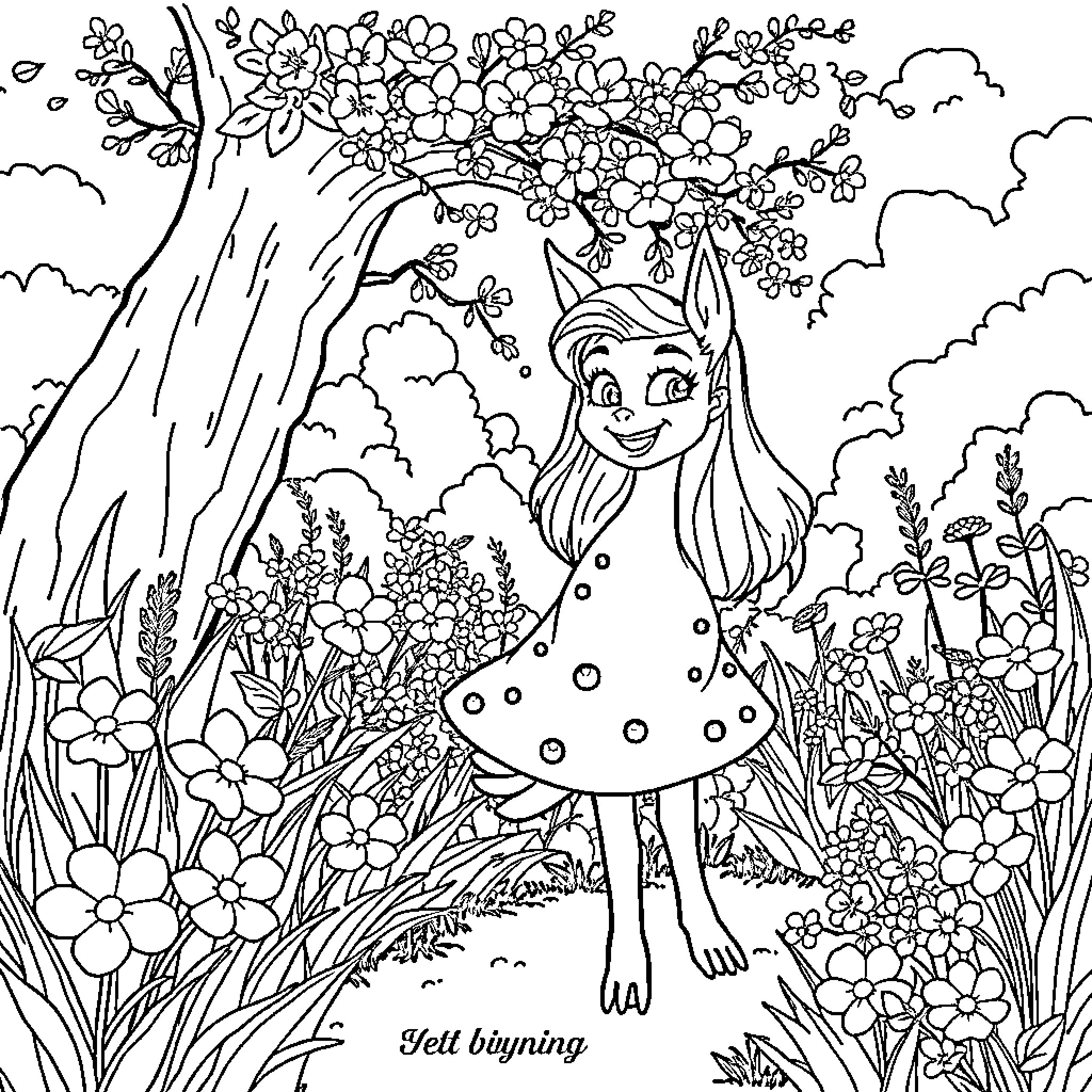 Lana's Whimsical Floral Adventure Coloring Page (free black-and-white line drawing printable PDF for all, from beginners to advanced learners, including children, teens, adults, and seniors)