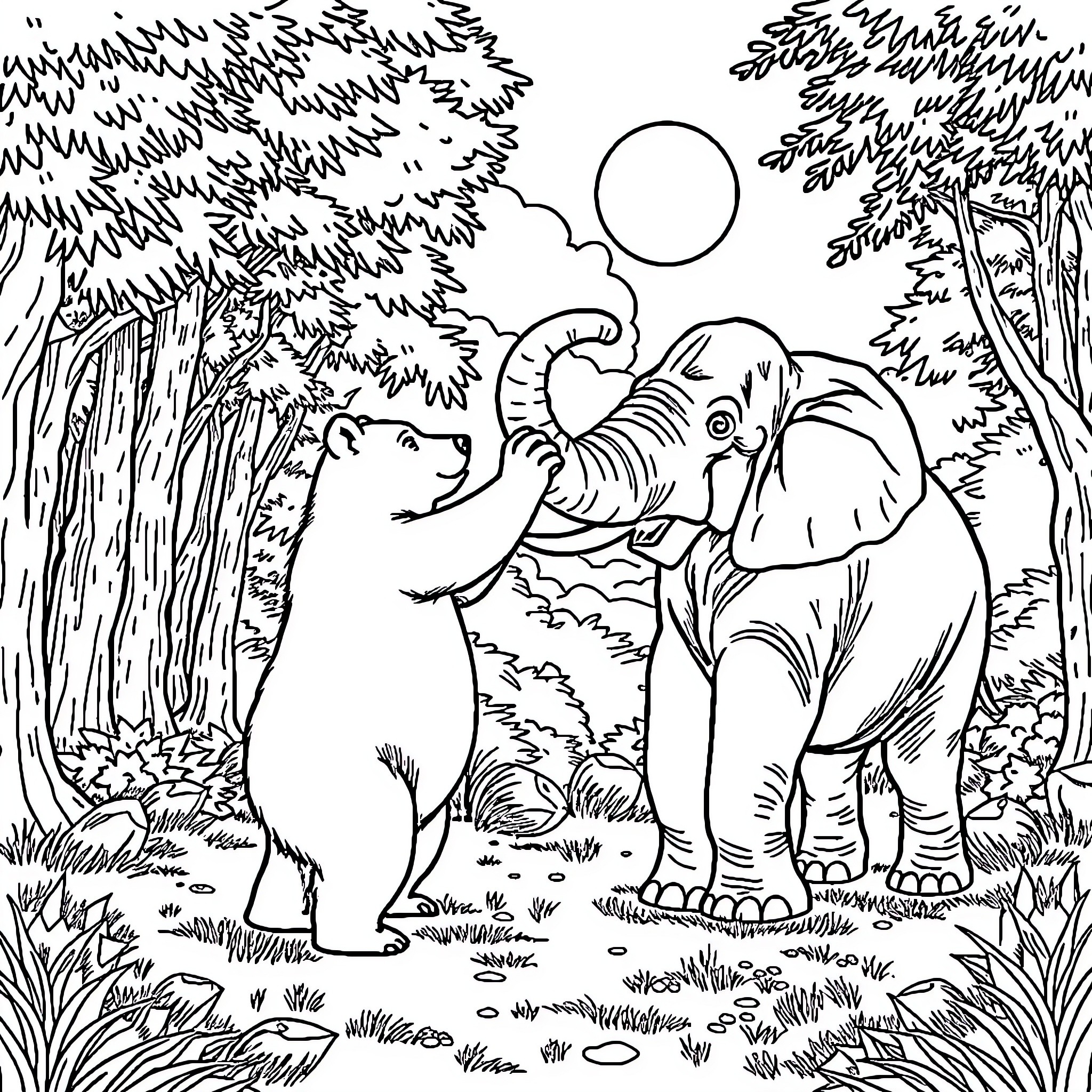 Bear and Elephant in the Jungle Coloring Page (free black-and-white line drawing printable PDF for all, from beginners to advanced learners, including children, teens, adults, and seniors)