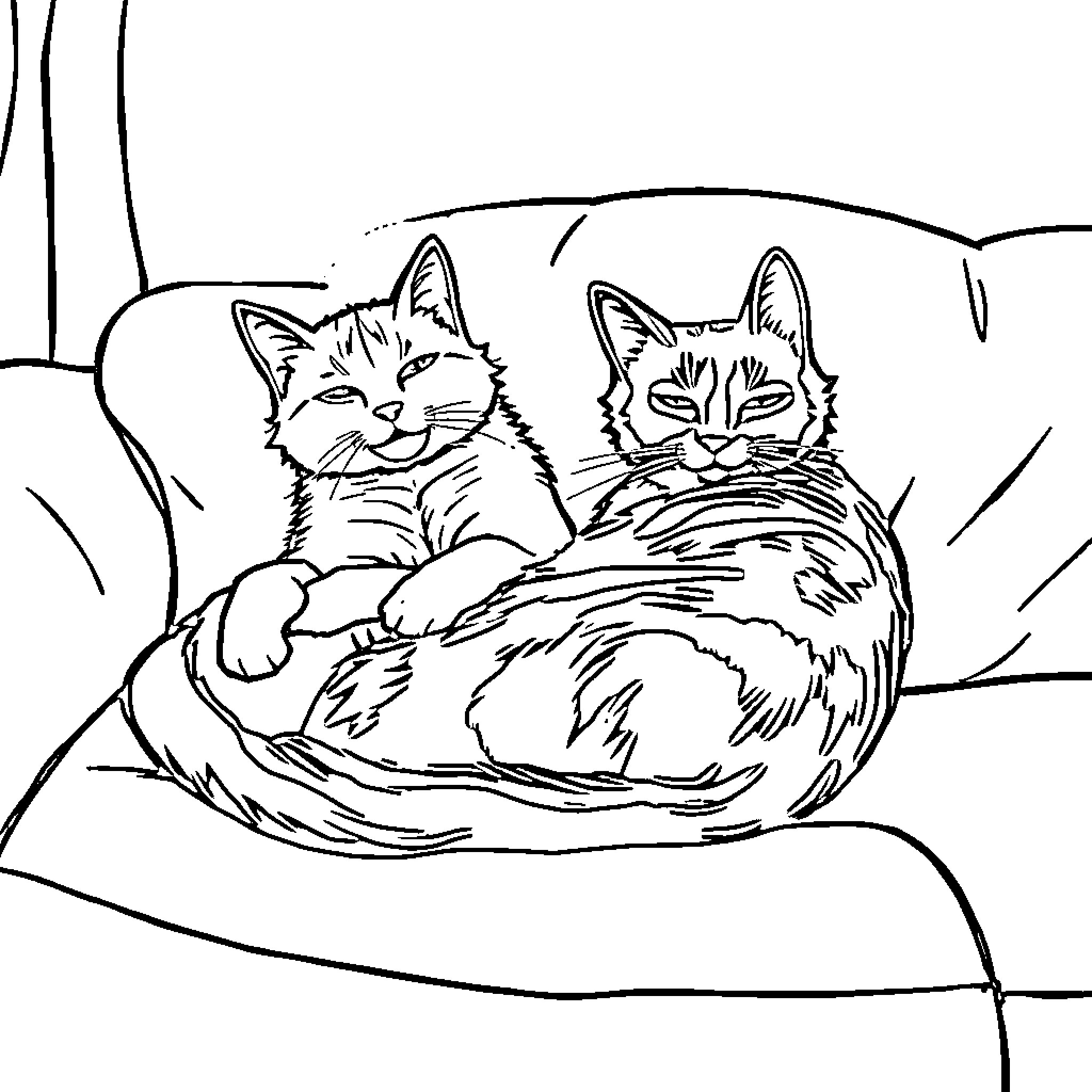 Cats resting cozily together Coloring Page (free black-and-white line drawing printable PDF for all, from beginners to advanced learners, including children, teens, adults, and seniors)