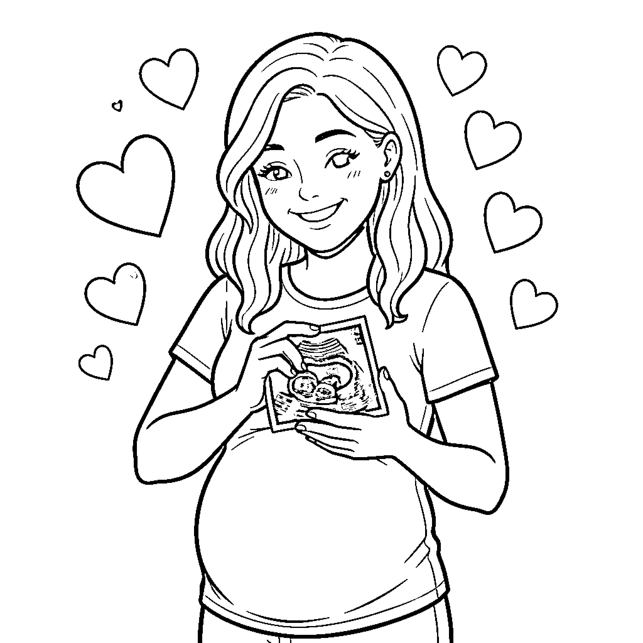 Pregnant Woman Holding Ultrasound Image with Hearts Coloring Page (free black-and-white line drawing printable PDF for all, from beginners to advanced learners, including children, teens, adults, and seniors)
