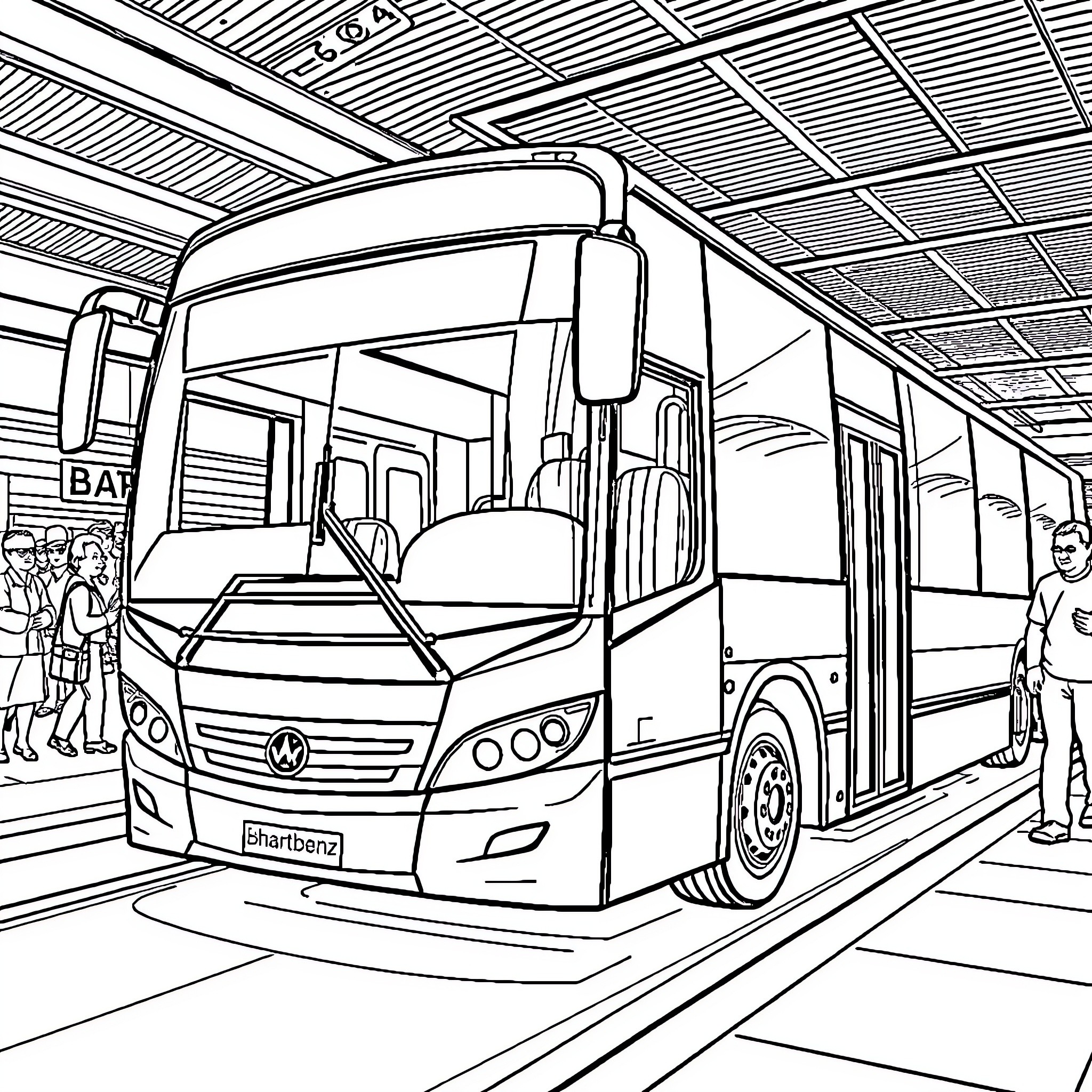 Bus station scene with passengers boarding Coloring Page (free black-and-white line drawing printable PDF for all, from beginners to advanced learners, including children, teens, adults, and seniors)