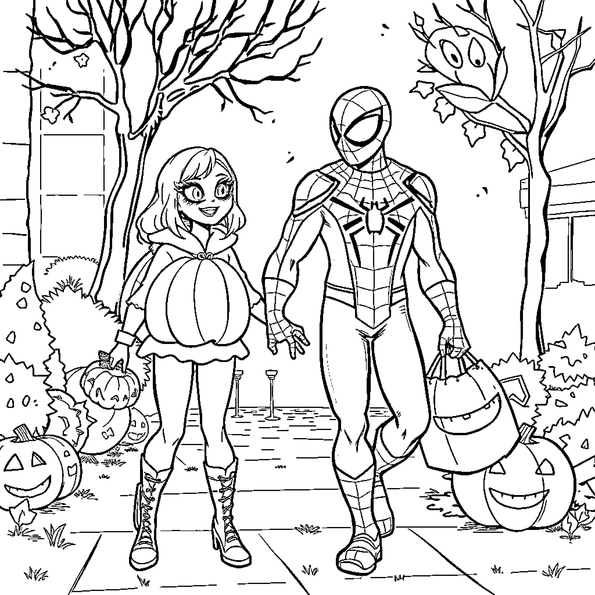 Spider-Man and a Costumed Girl Explore a Spooky Forest Coloring Page (free black-and-white line drawing printable PDF for all, from beginners to advanced learners, including children, teens, adults, and seniors)