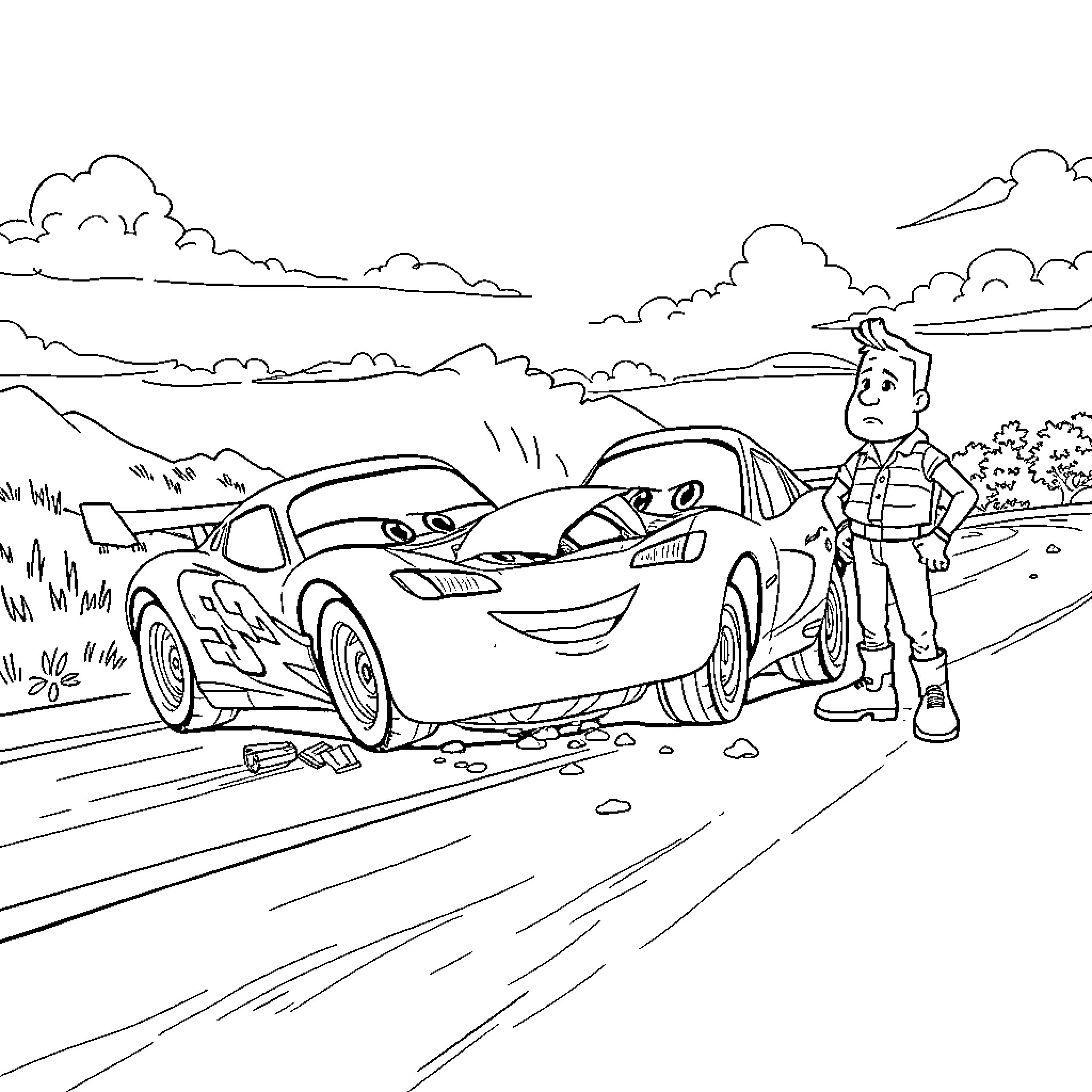 Flash McQueen racing adventure on the open road Coloring Page (free black-and-white line drawing printable PDF for all, from beginners to advanced learners, including children, teens, adults, and seniors)