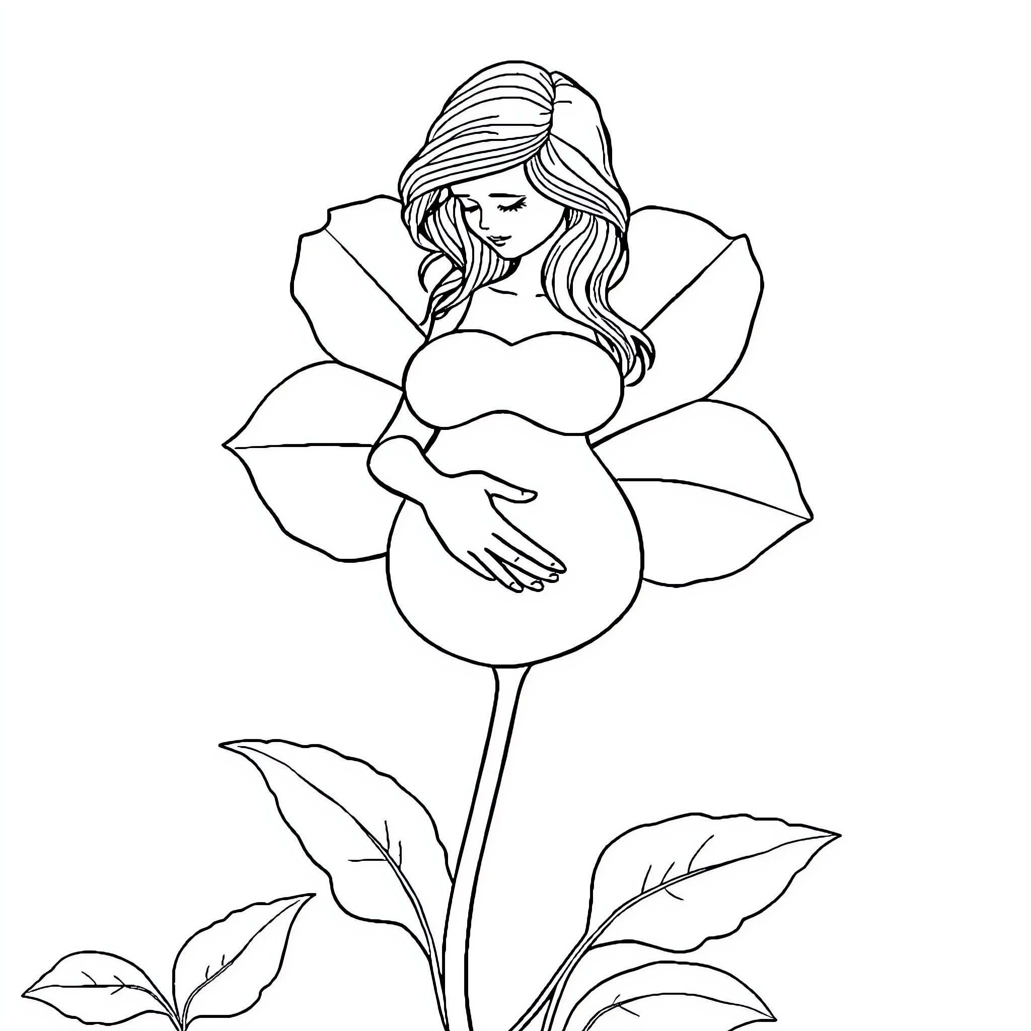 Poppy fairy resting on a flower petal Coloring Page (free black-and-white line drawing printable PDF for all, from beginners to advanced learners, including children, teens, adults, and seniors)